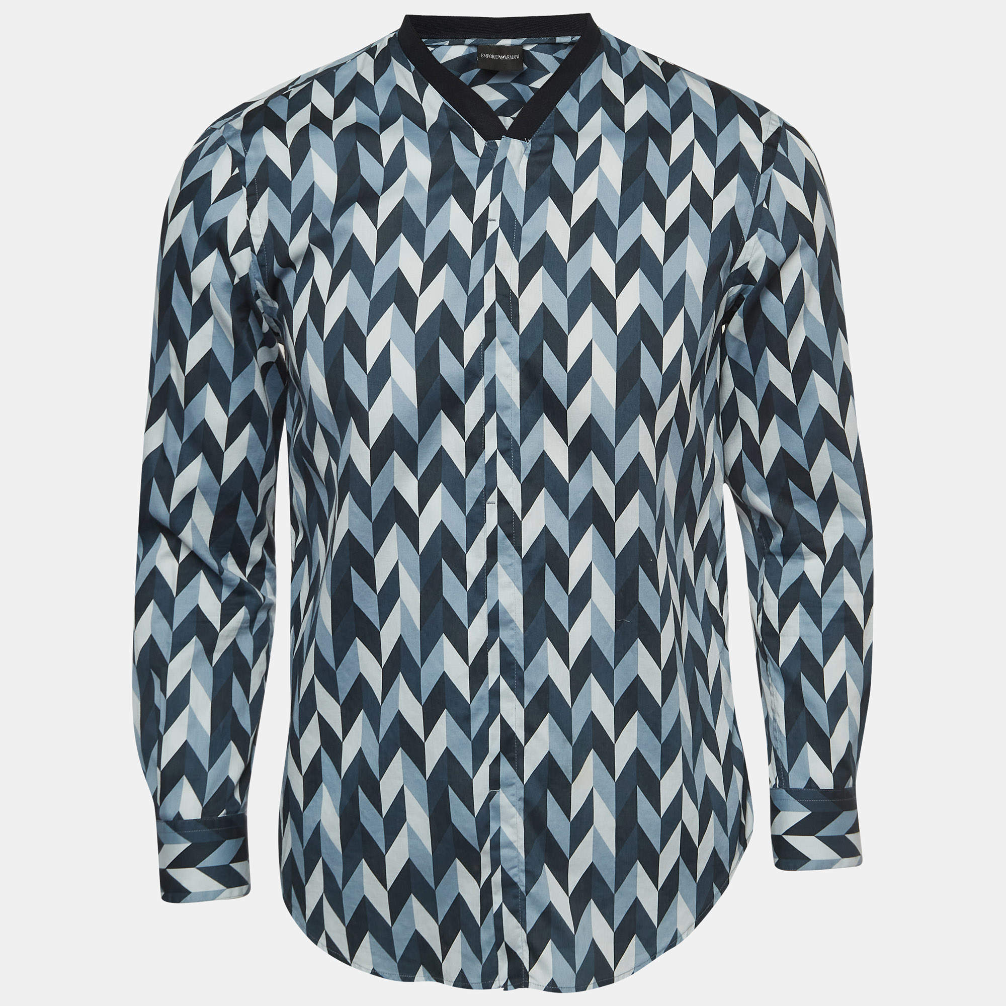 Pre Owned Emporio Armani Blue Geometric Pattern Poplin Shirt S