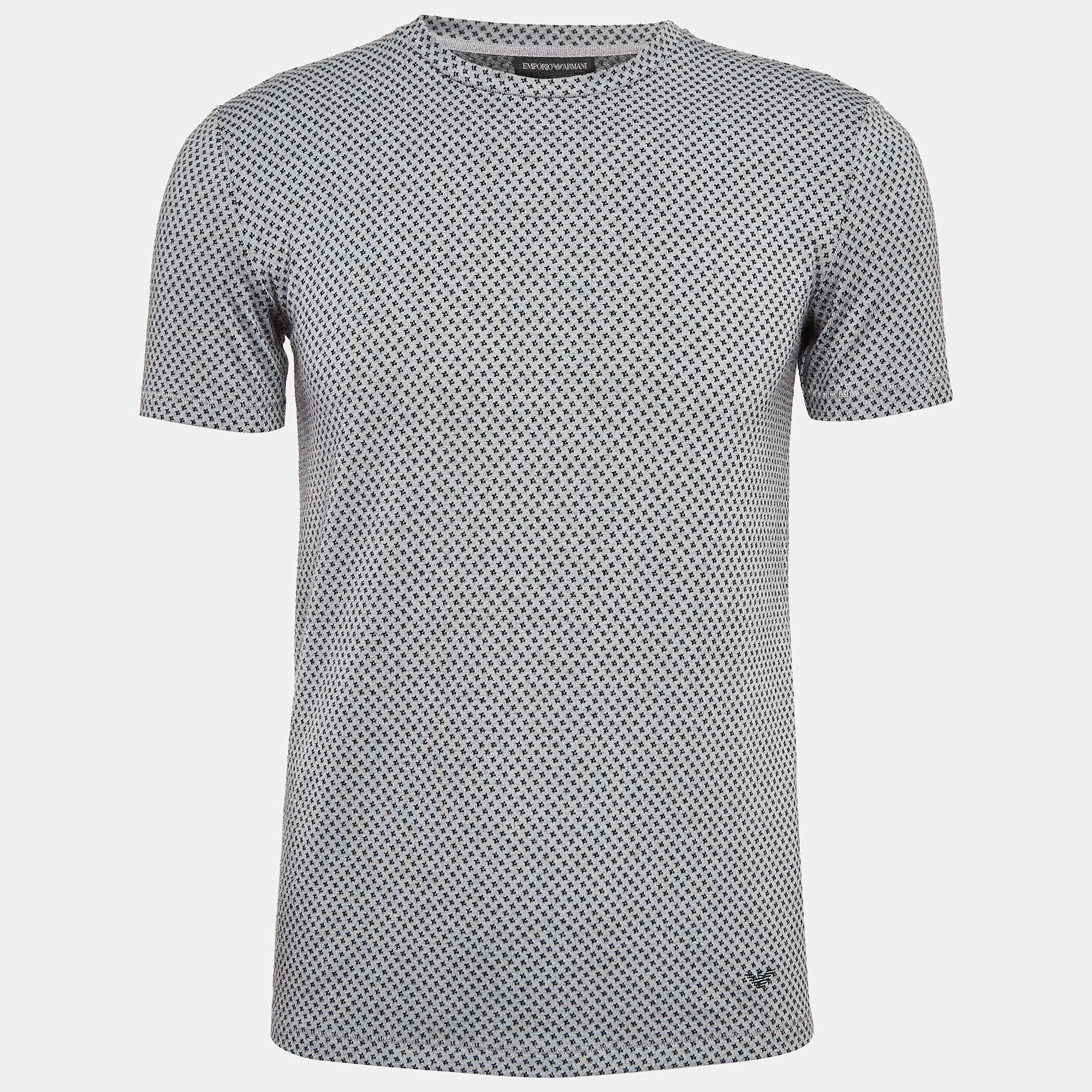 Pre Owned Emporio Armani Grey Patterned Knit Crew Neck T-Shirt S
