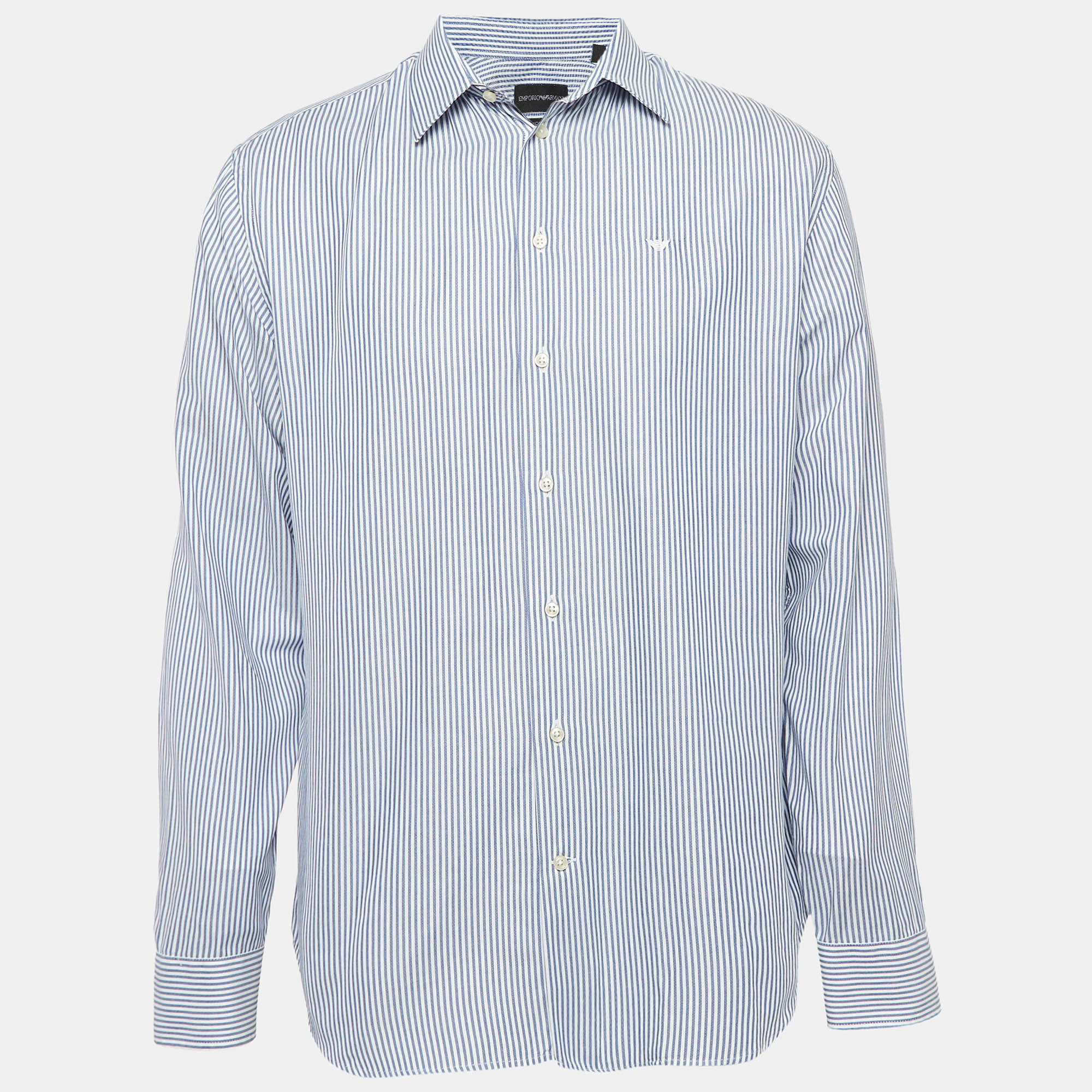 Pre Owned Emporio Armani Blue Pinstripe Cotton Modern Fit Shirt XL
