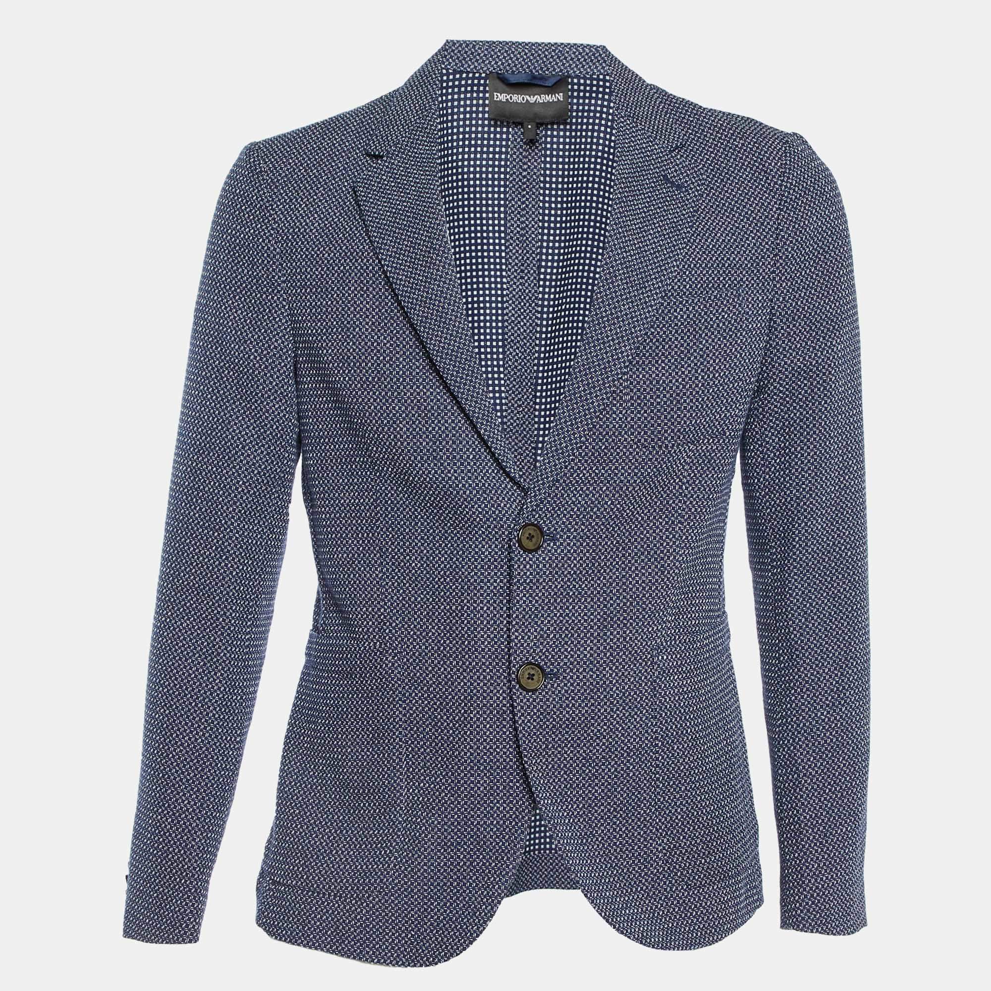 Pre Owned Emporio Armani  Blue Patterned Cotton Single Breasted Blazer S