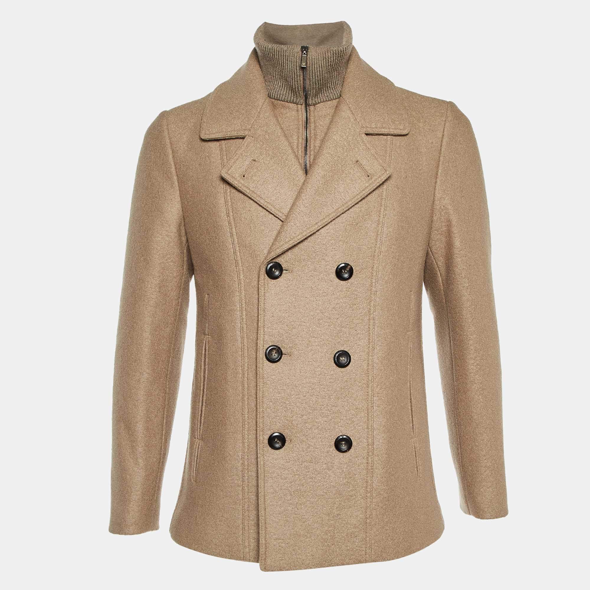 Pre Owned Emporio Armani Brown Virgin Wool Long Double Layered Coat S