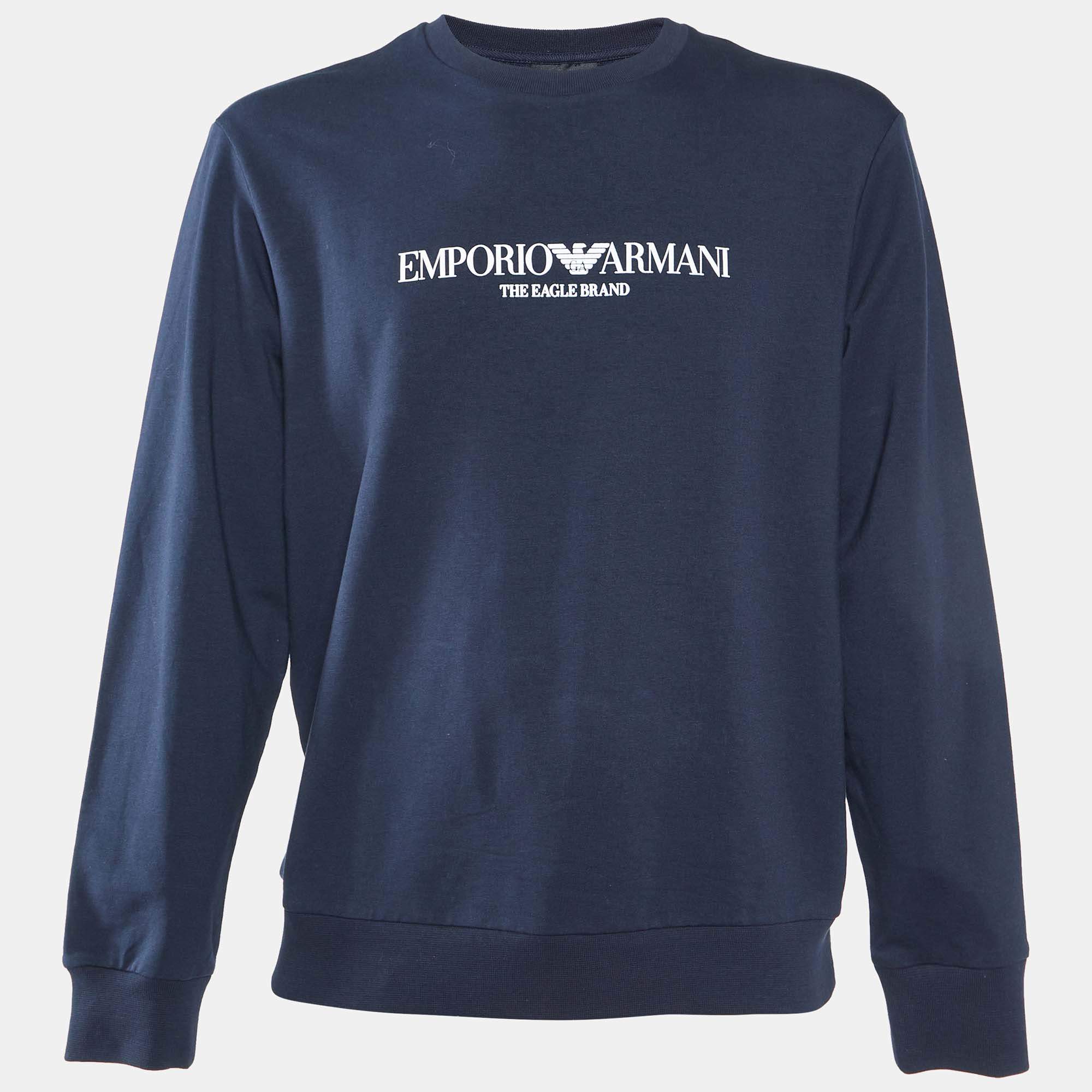Pre Owned Emporio Armani Navy Blue Logo Print Cotton Sweatshirt L