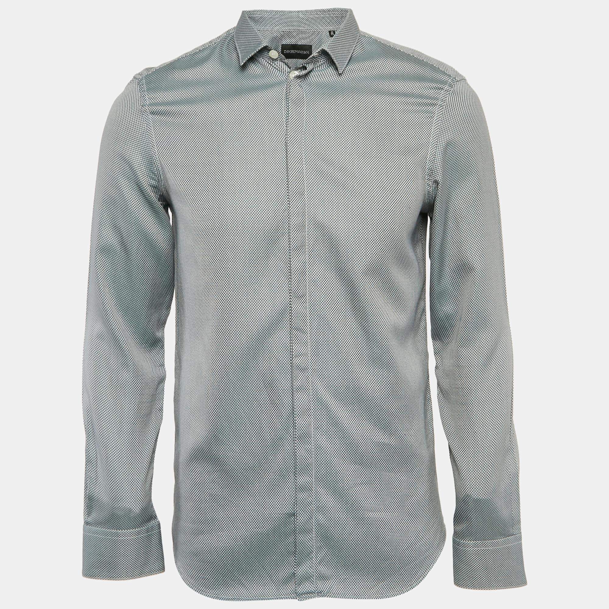 Pre Owned Emporio Armani Green Patterned Cotton Long Sleeve Shirt M