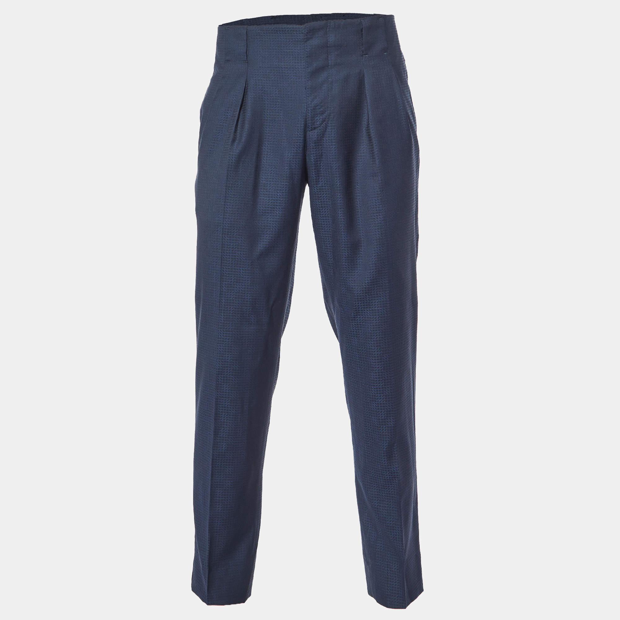 Emporio Armani Navy Blue Patterned Wool Pleated Trousers M