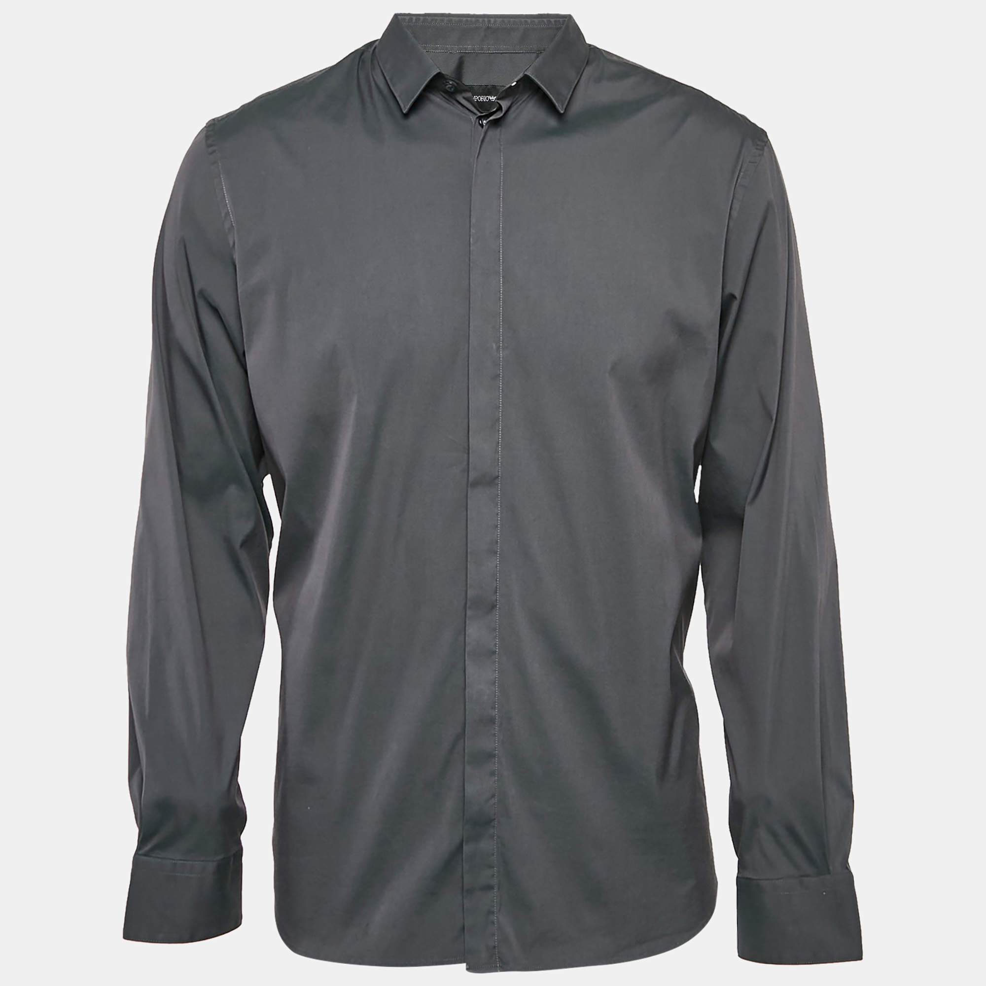 Emporio Armani Grey Stretch Cotton Long Sleeve Shirt XXXL