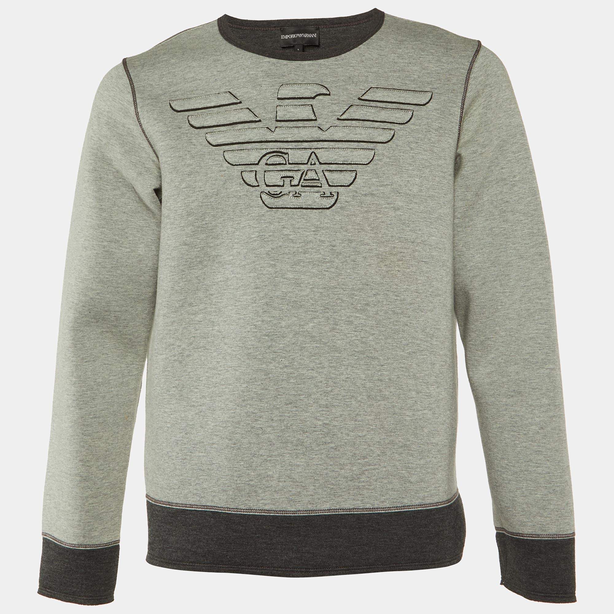 Pre Owned Emporio Armani Grey Logo Embroidered Double Jersey Sweatshirt L