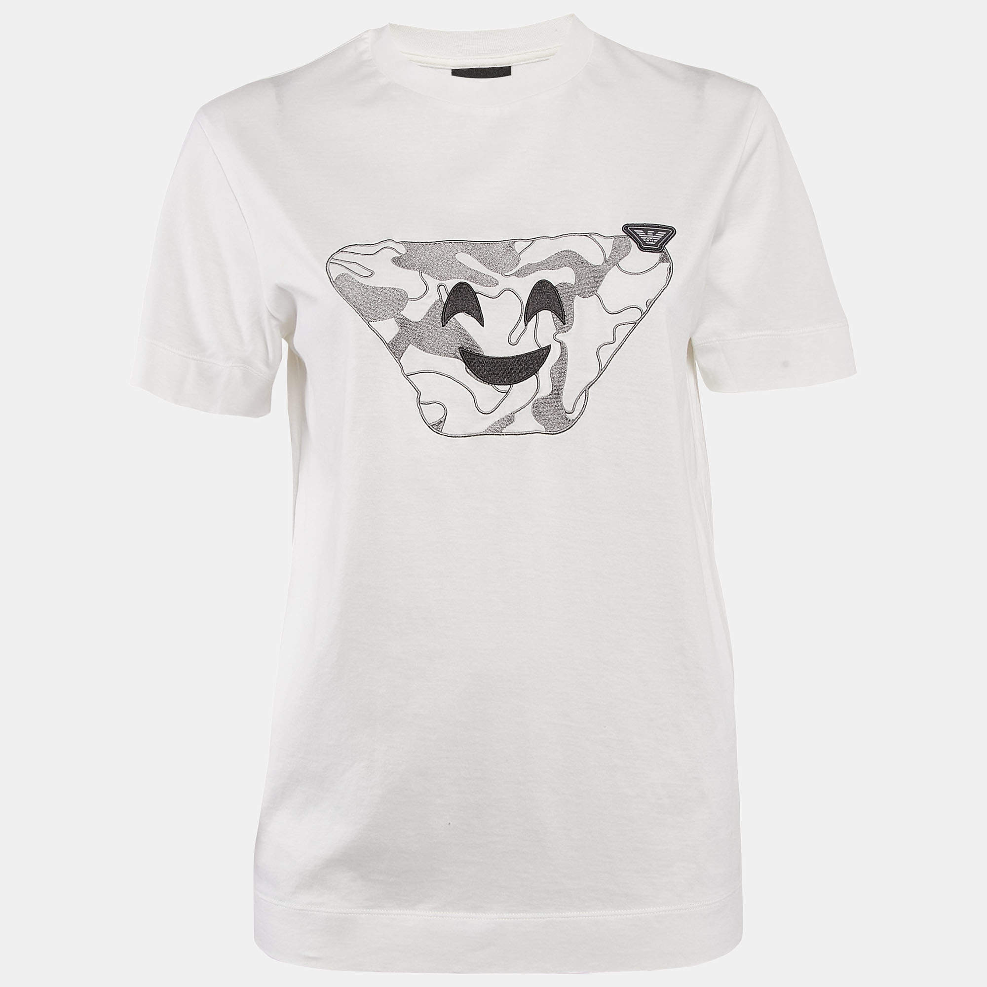 Pre Owned Emporio Armani White Embroidered Cotton T-Shirt XS