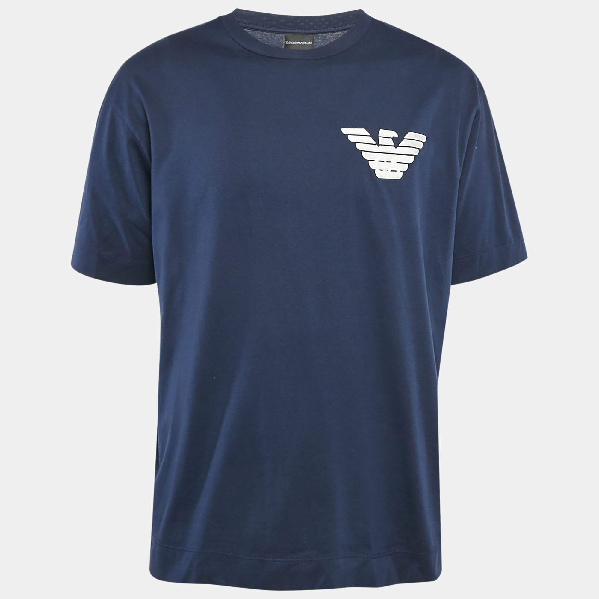 Pre Owned تي شيرت إمبوريو أرماني جيرسي أزرق كحلي بشعار مضاف مقاس كبير جداً - إكس إكس لارج