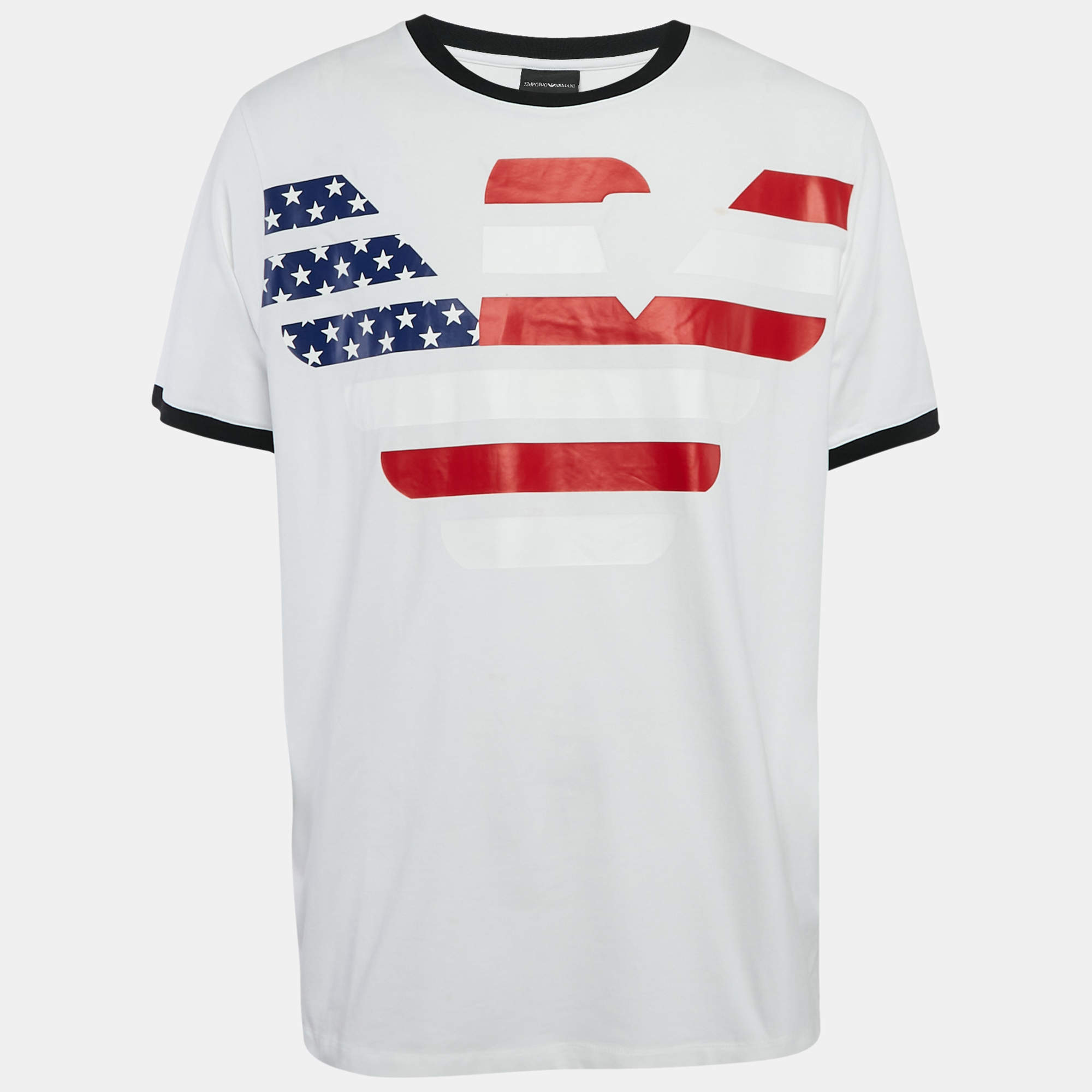 Pre Owned تي شيرت إمبريو أرماني قطن أبيض مطبوع رقبة دائرية شعار مقاس كبير جداً جداً (اكس اكس لارج)