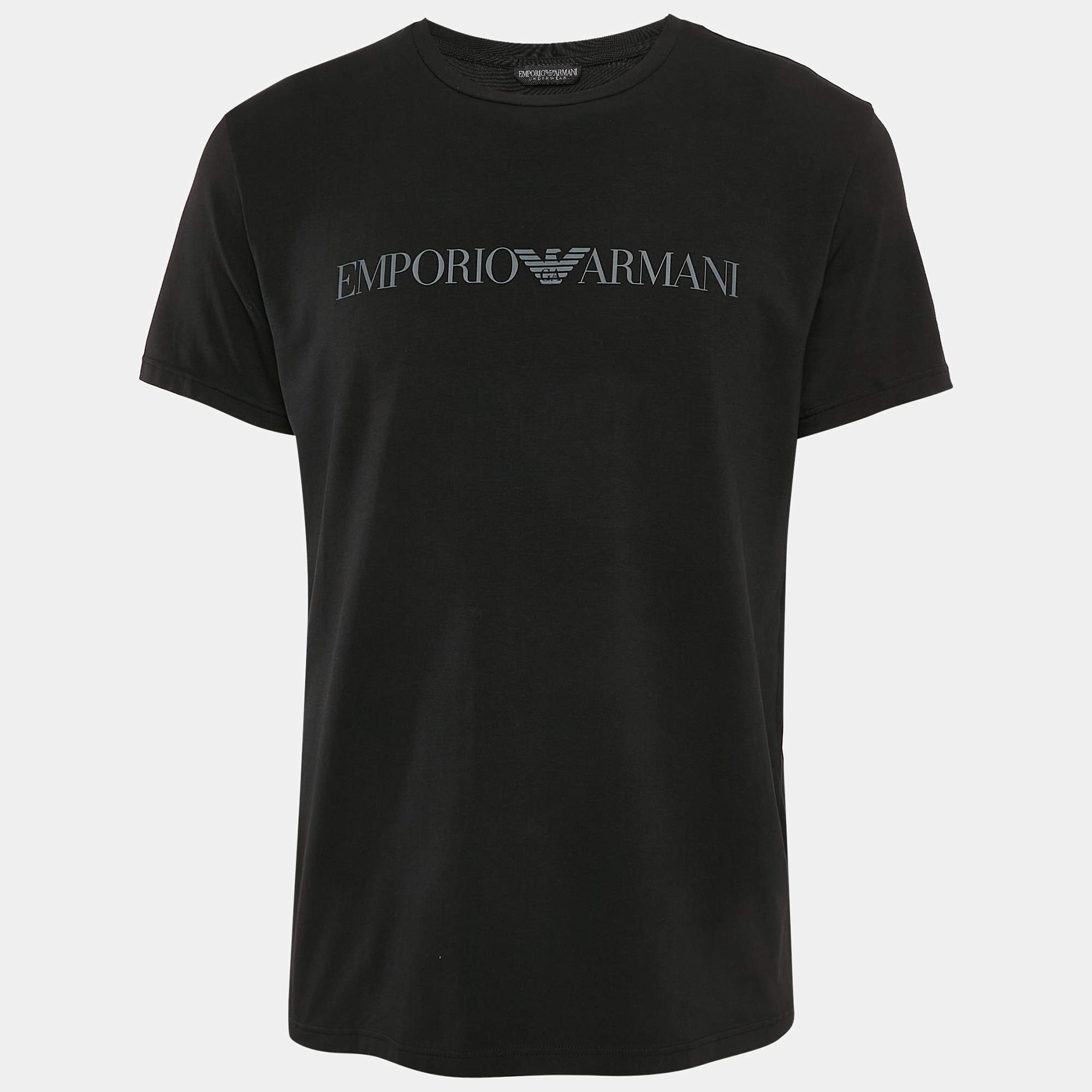 Pre Owned Emporio Armani Black Logo Print Jersey T-Shirt L