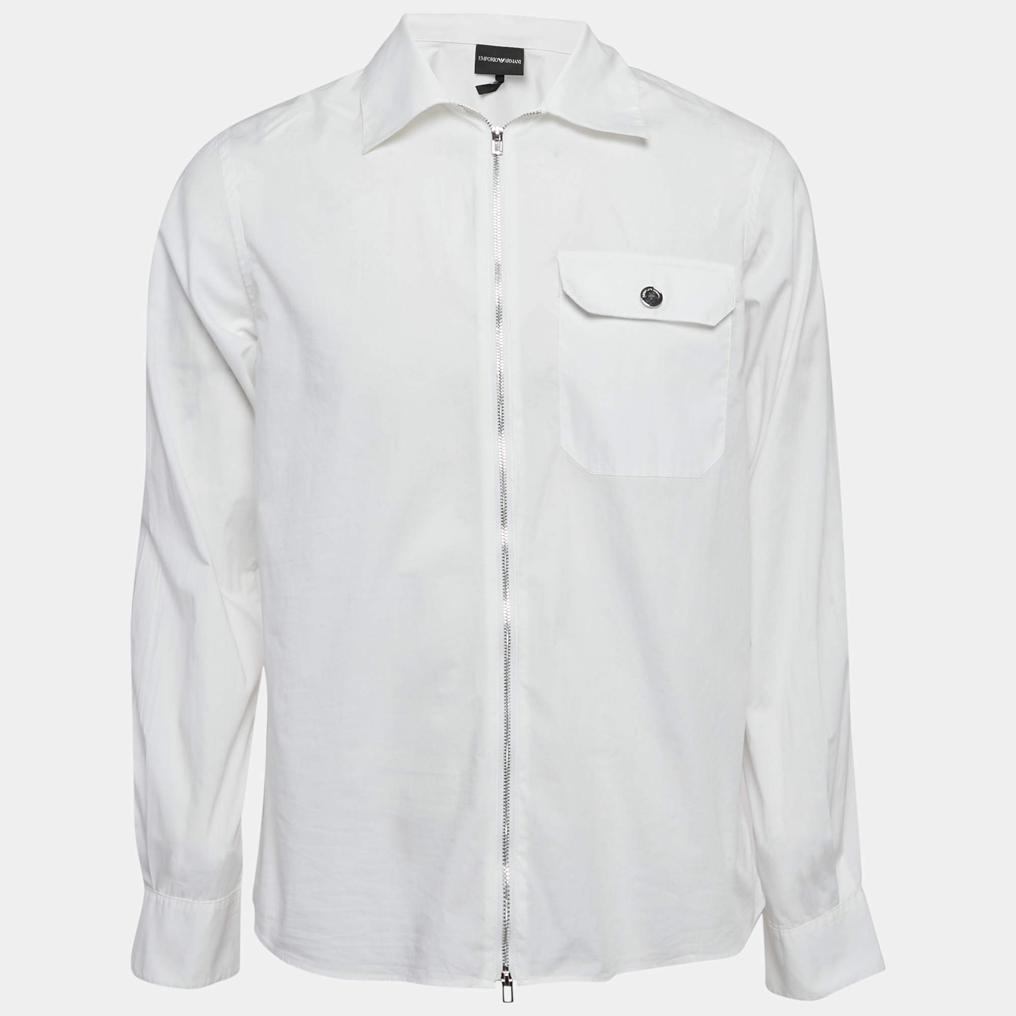 Emporio Armani White Cotton Zip-Up Long Sleeve Shirt L