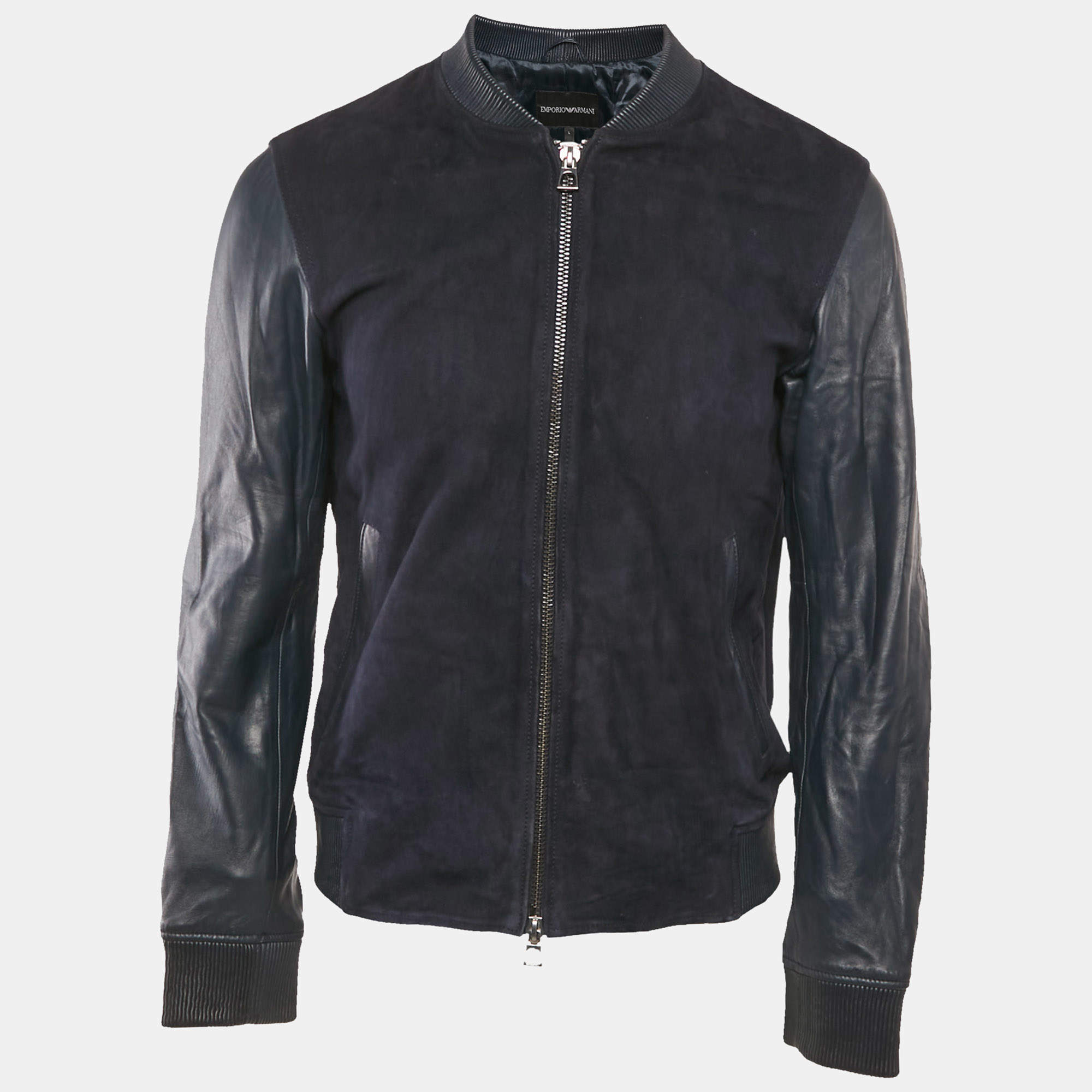 Emporio Armani Navy Blue Suede & Leather Zip Front Jacket L