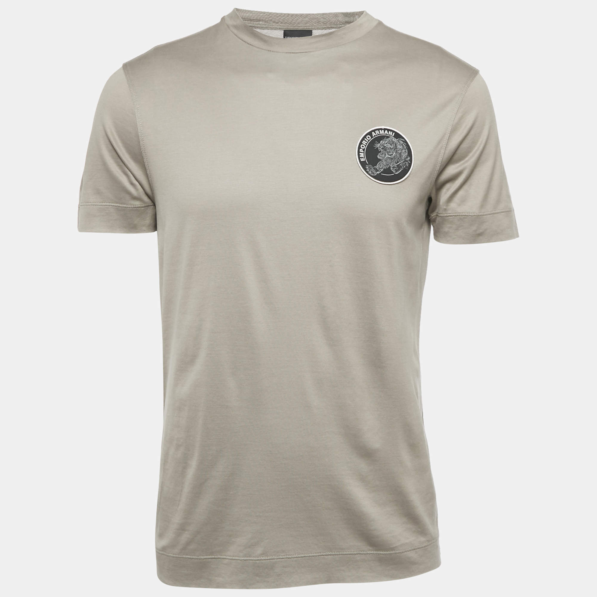 Pre Owned Emporio Armani Grey Knit Logo Patch Detail Crew Neck T-Shirt M