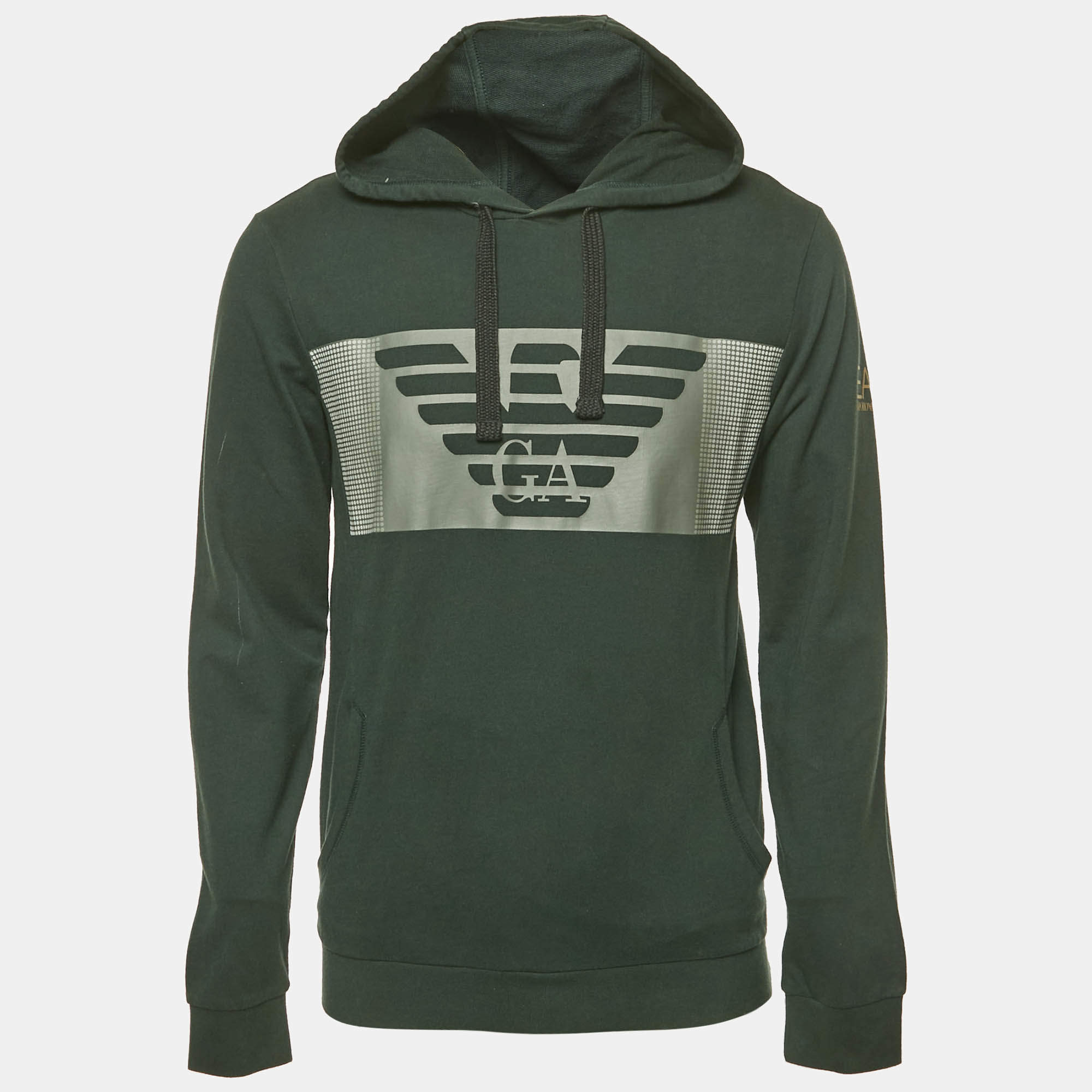 Pre Owned Emporio Armani Green Logo Print Cotton Hoodie M