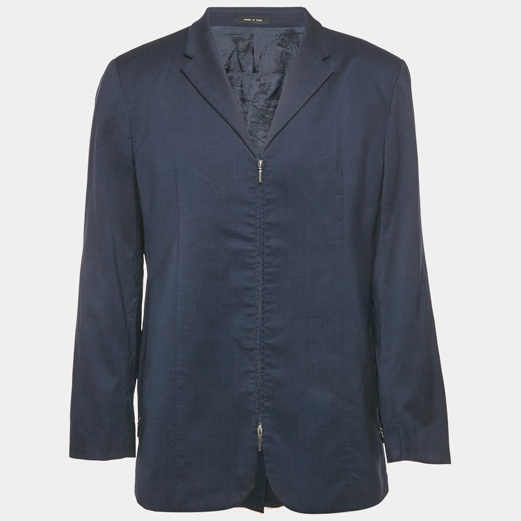 Pre Owned Emporio Armani Blue Wool Zip-Up Blazer L