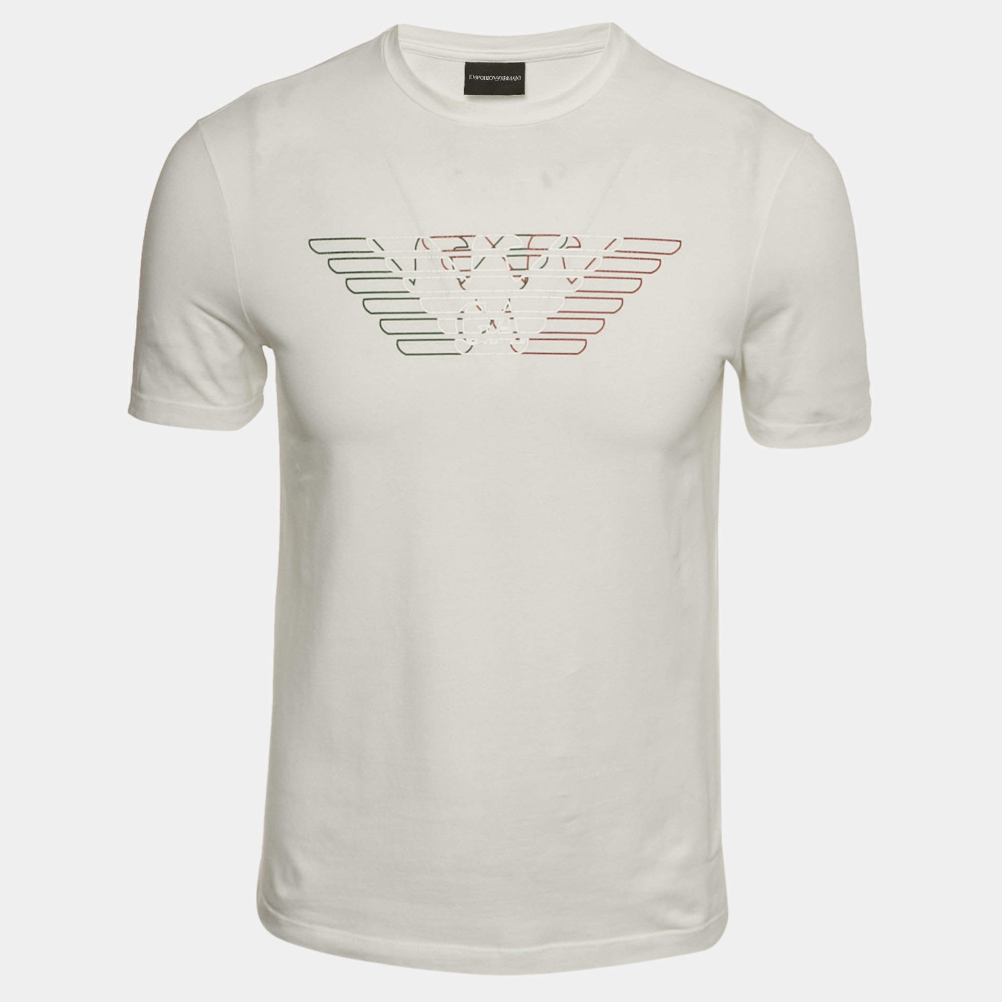 Pre Owned Emporio Armani White Logo Print Cotton Crewneck T-Shirt S