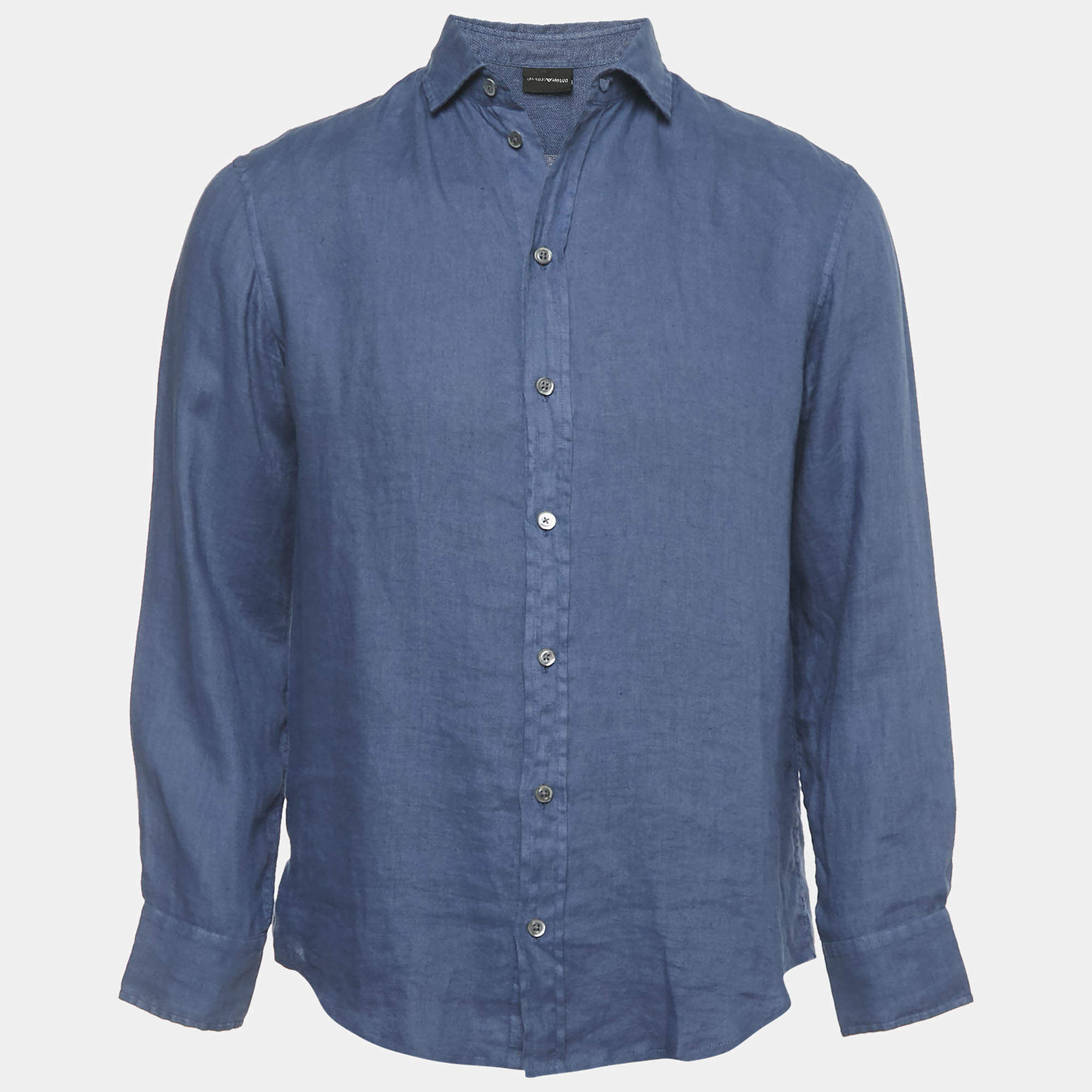 Pre Owned Emporio Armani Blue Linen Full Sleeve Shirt S