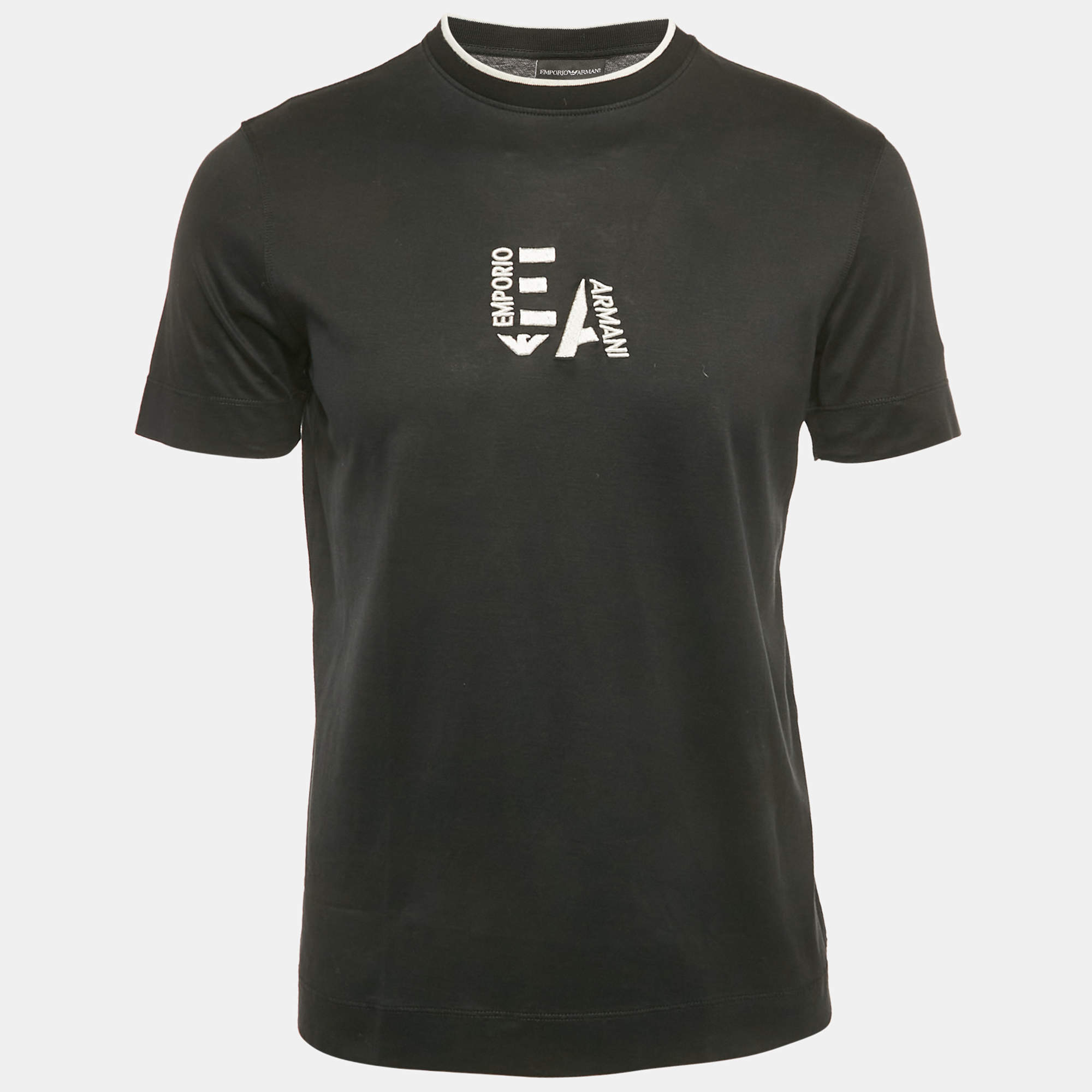 Pre Owned Emporio Armani Black Embroidered Logo Cotton Crewneck T-shirt S