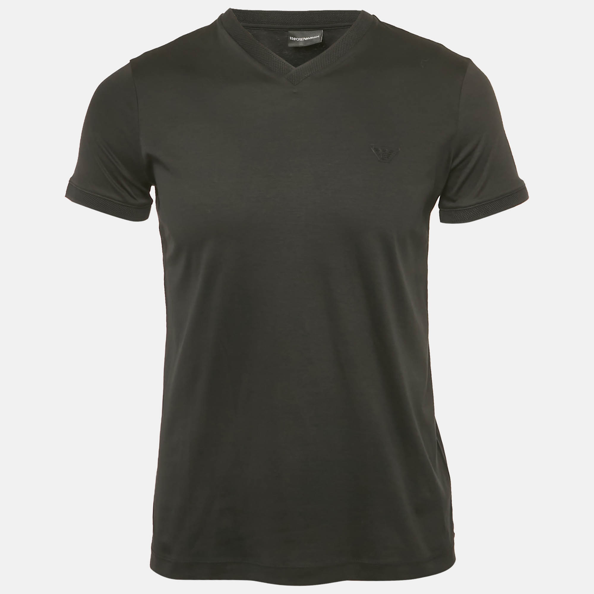 Pre Owned Emporio Armani Black Jersey V-Neck T-Shirt S