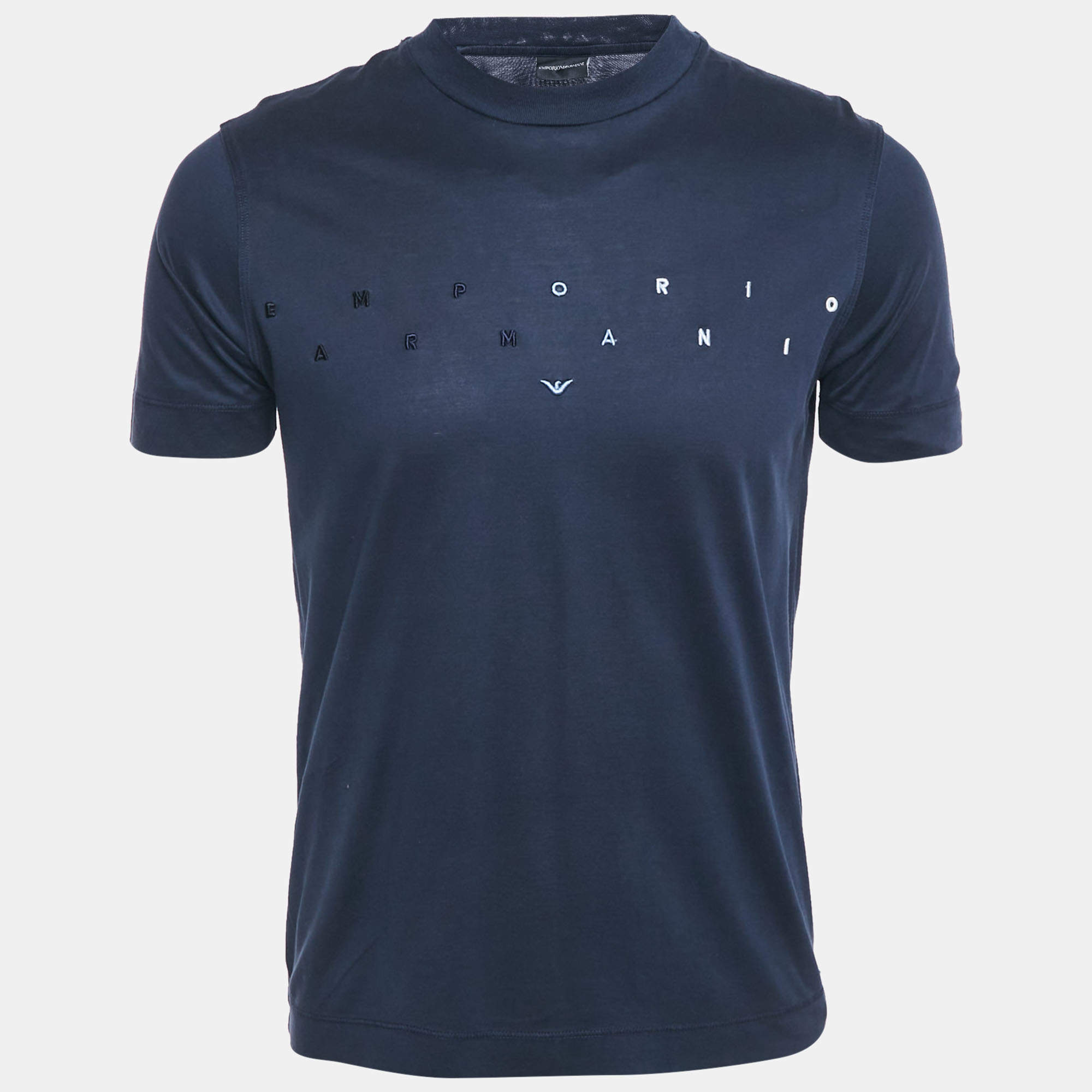 Pre Owned Emporio Armani Navy Blue Logo Embroidered Cotton Crewneck T-Shirt S
