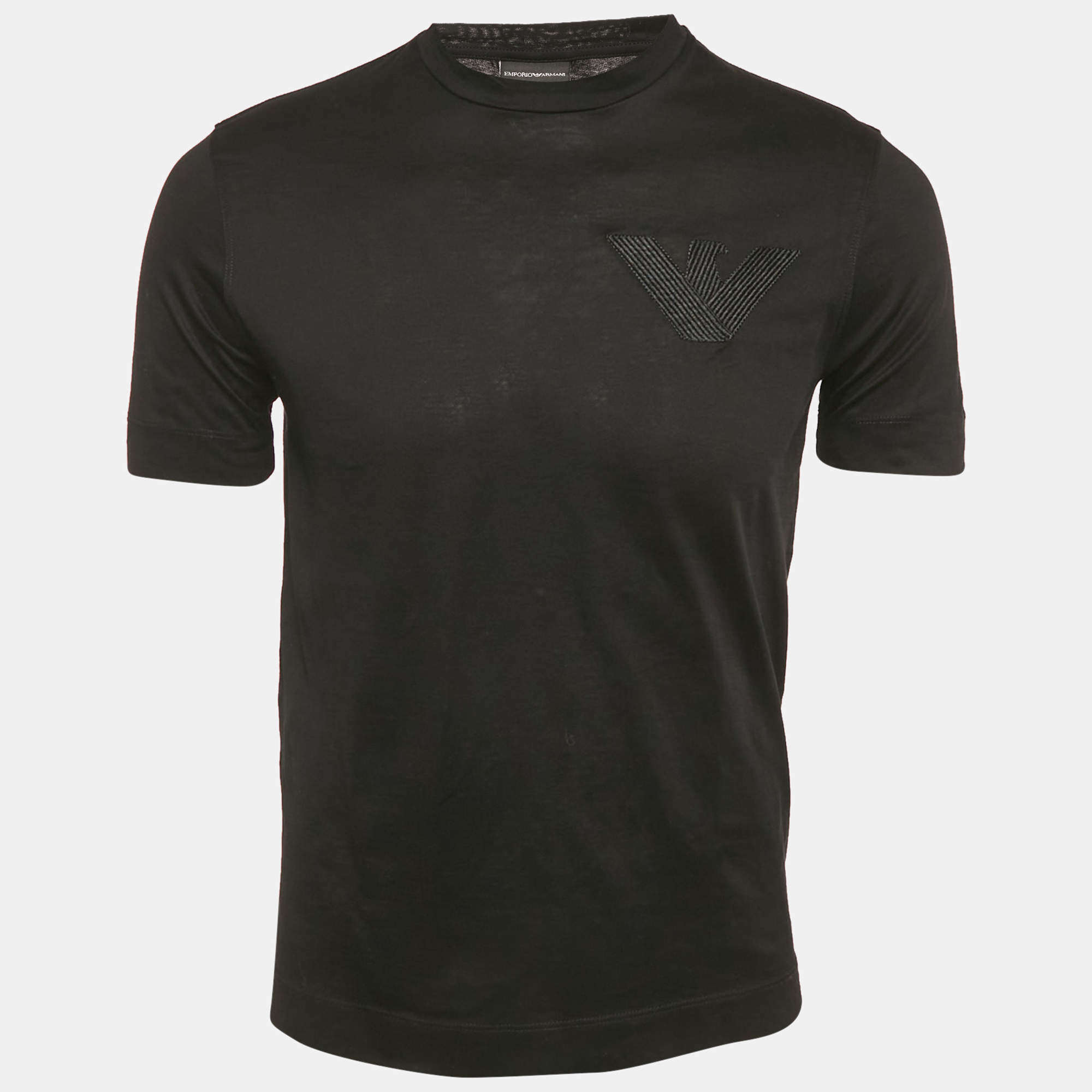 Pre Owned Emporio Armani Black Logo Embroidered Jersey T-Shirt S