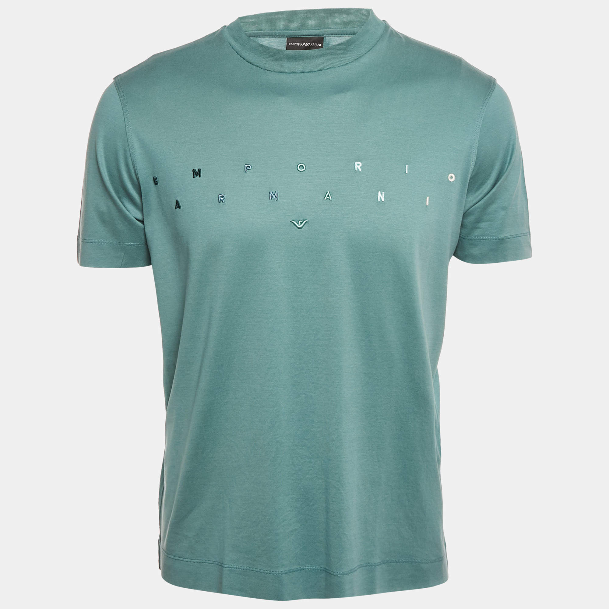 Pre Owned Emporio Armani Blue Logo Embroidered Jersey T-Shirt S