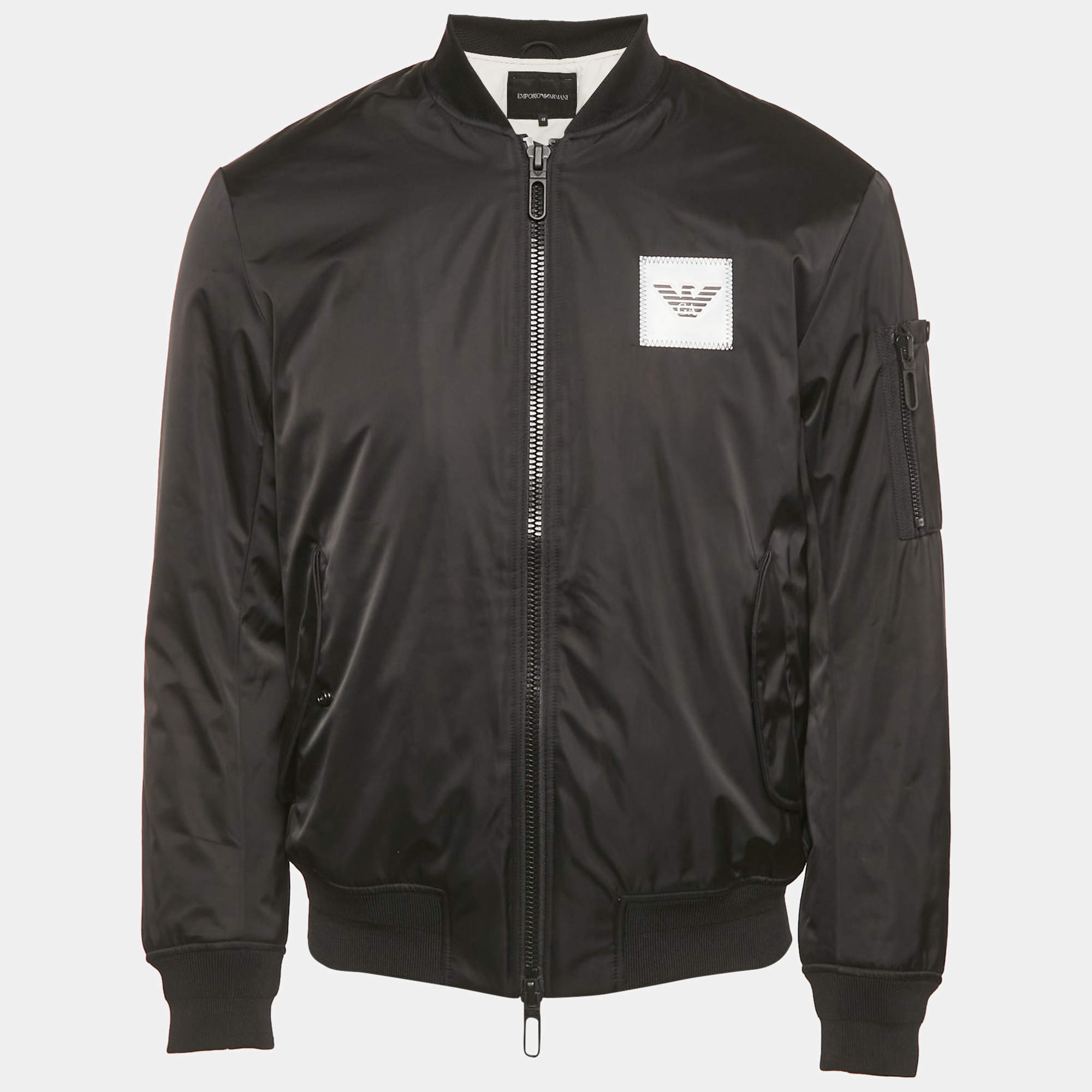 Pre Owned Emporio Armani Black Logo Applique Nylon Bomber Jacket M 