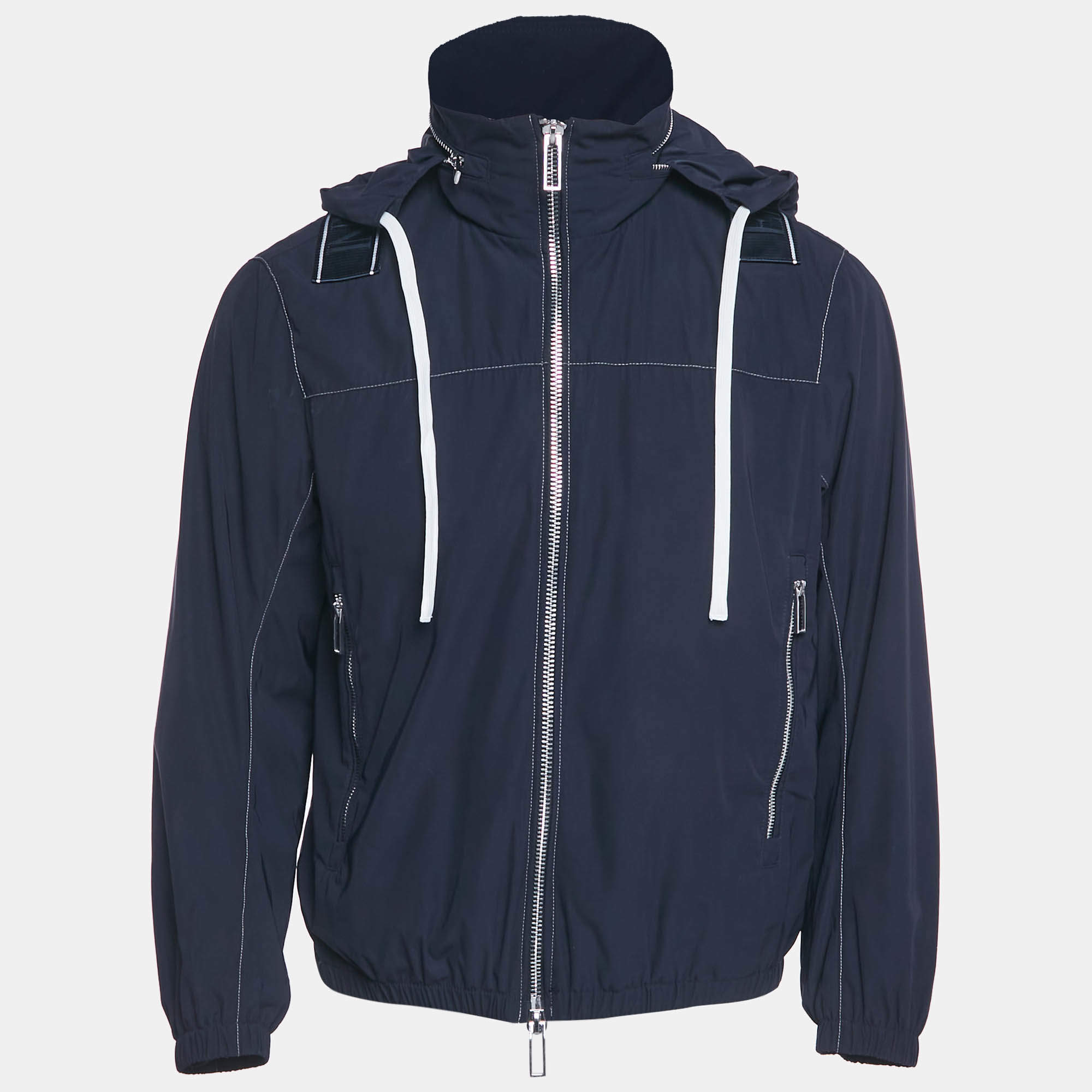 Pre Owned Emporio Armani Navy Blue Synthetic Logo Band Conceal Hood Jacket S