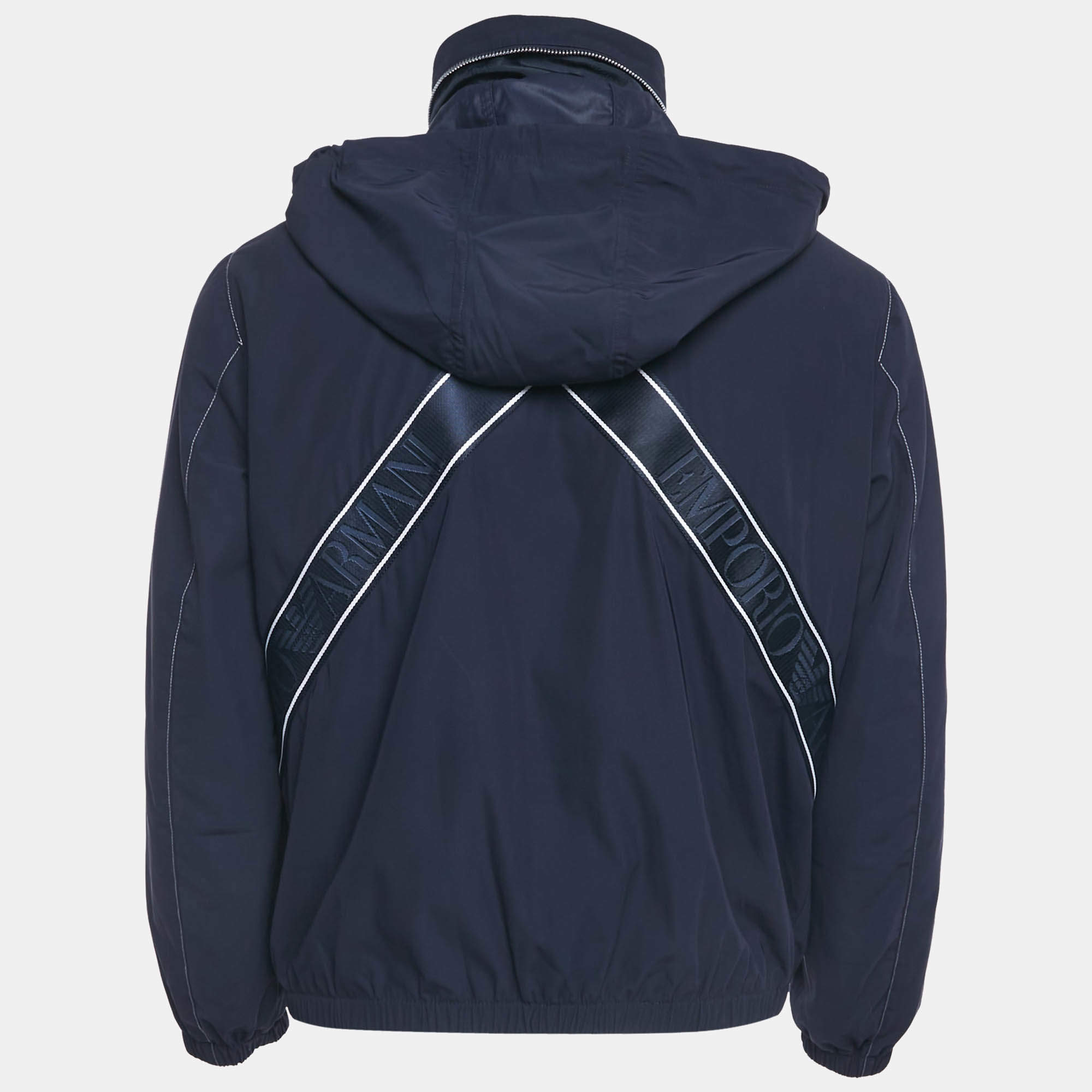 Emporio Armani Navy Blue Faux Leather Hooded Zip Front