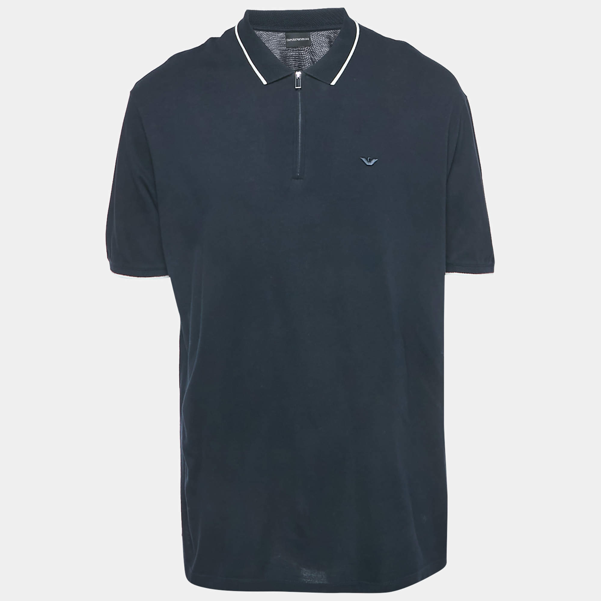 Pre Owned Emporio Armani Navy Blue Logo Embroidered Cotton Zip Up Polo T-Shirt XXXL