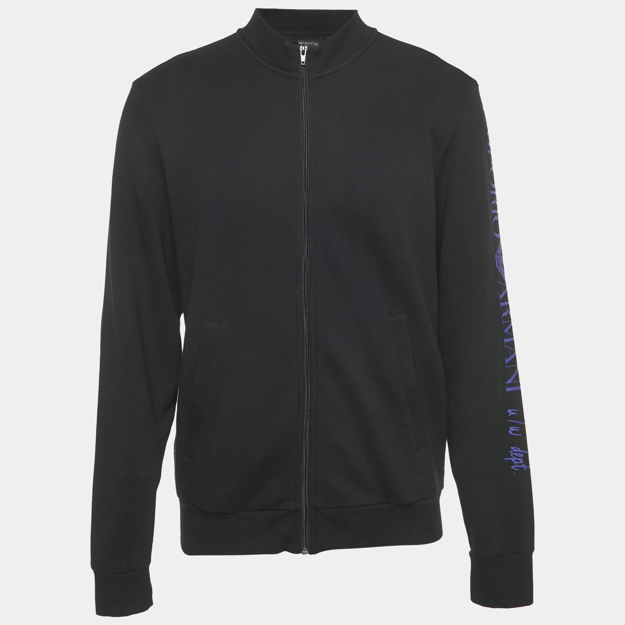 Pre Owned Emporio Armani Black Cotton Logo Print Zip Front Hoodie L