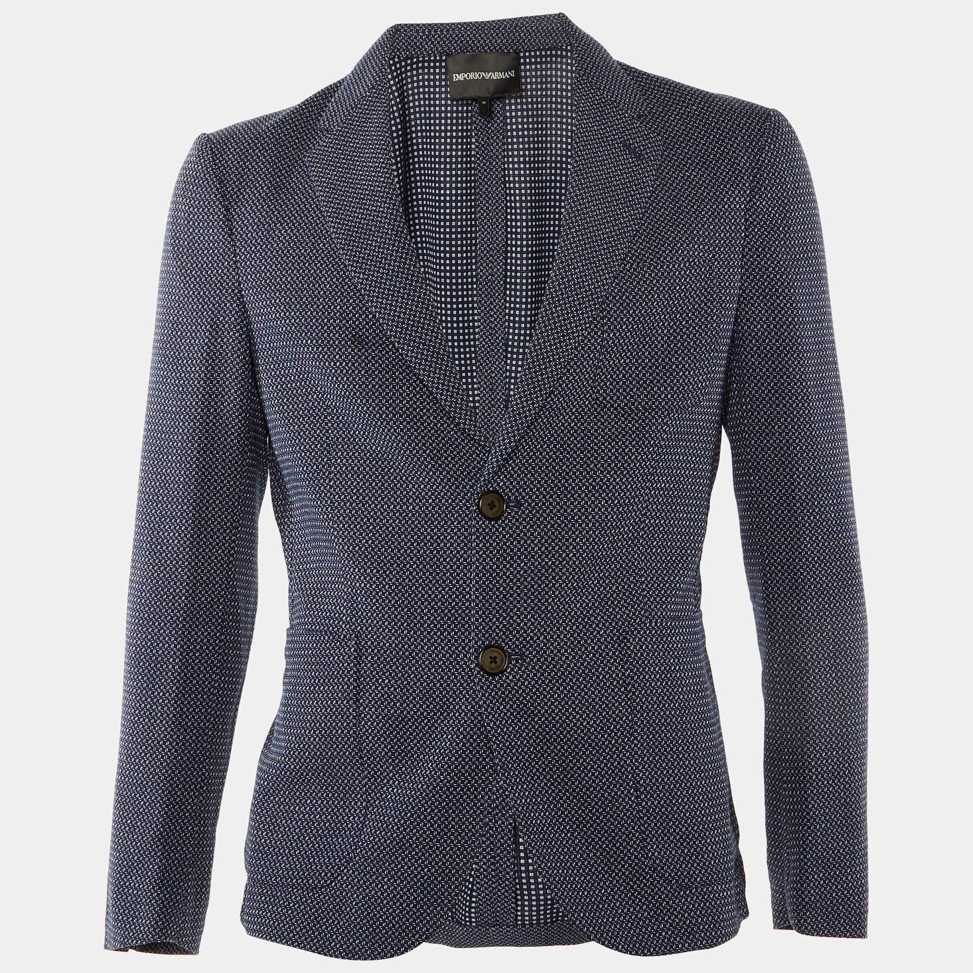 Pre Owned Emporio Armani Navy Blue Square Pattern Cotton Button Front Jacket M