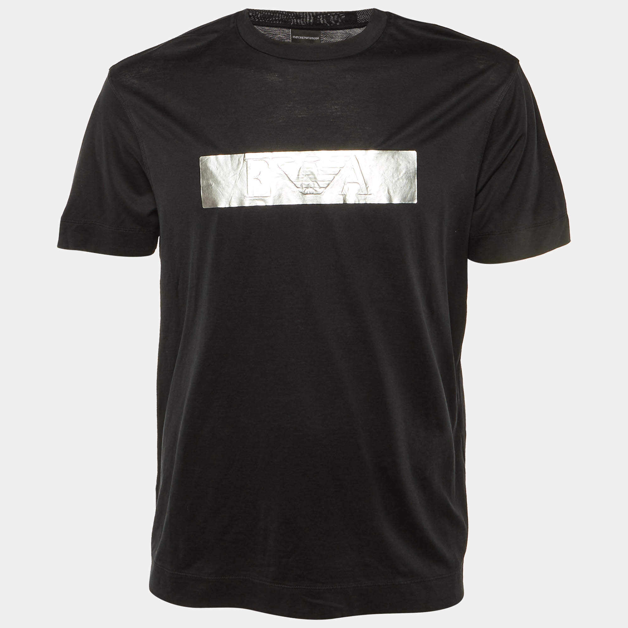 Pre Owned Emporio Armani Black Foil Logo Detail Knit T-Shirt L