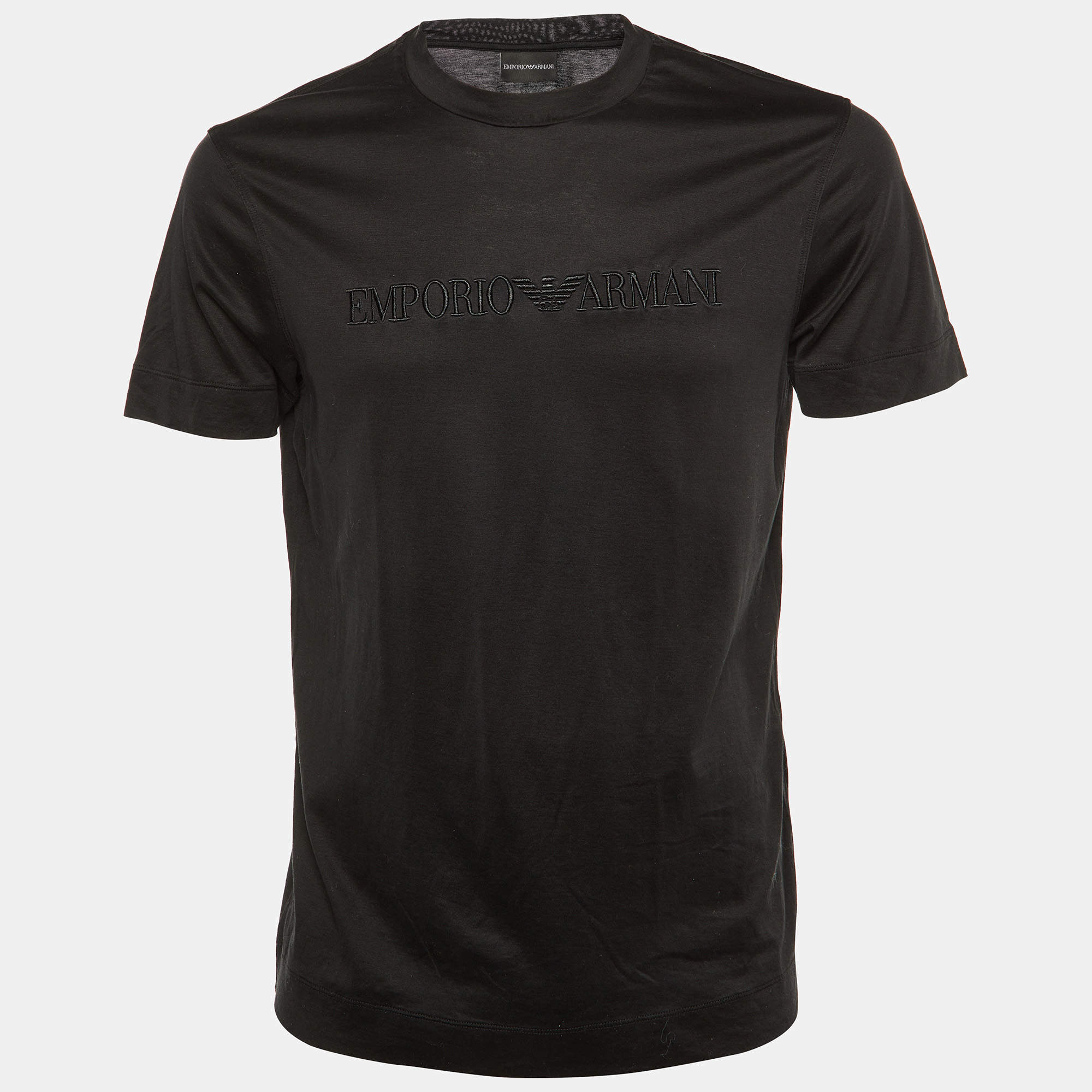 Pre Owned Emporio Armani Black Logo Embroidered Jersey Crew Neck T-Shirt L