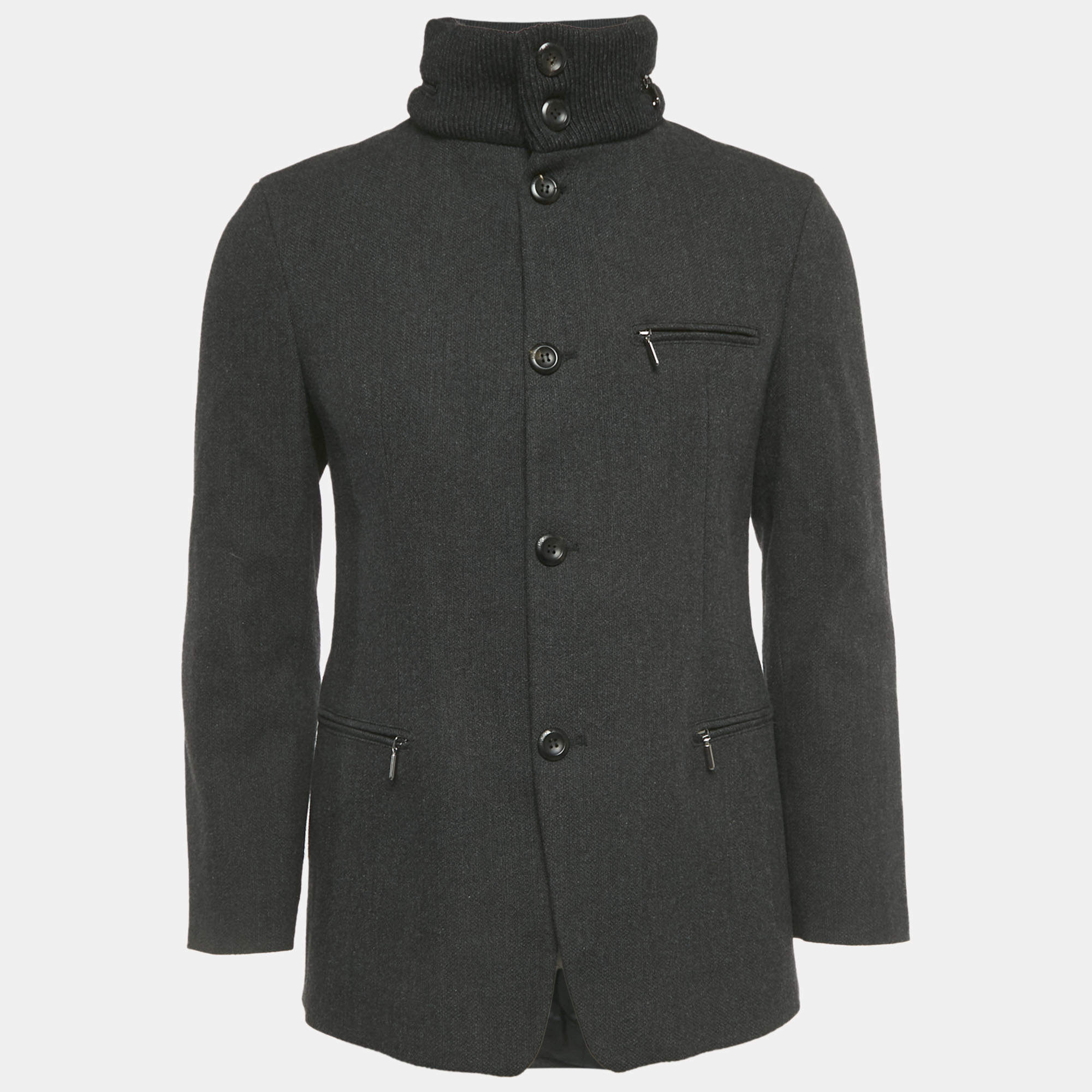 Pre Owned Emporio Armani Grey Wool & Cotton Concealed Hood Coat M 