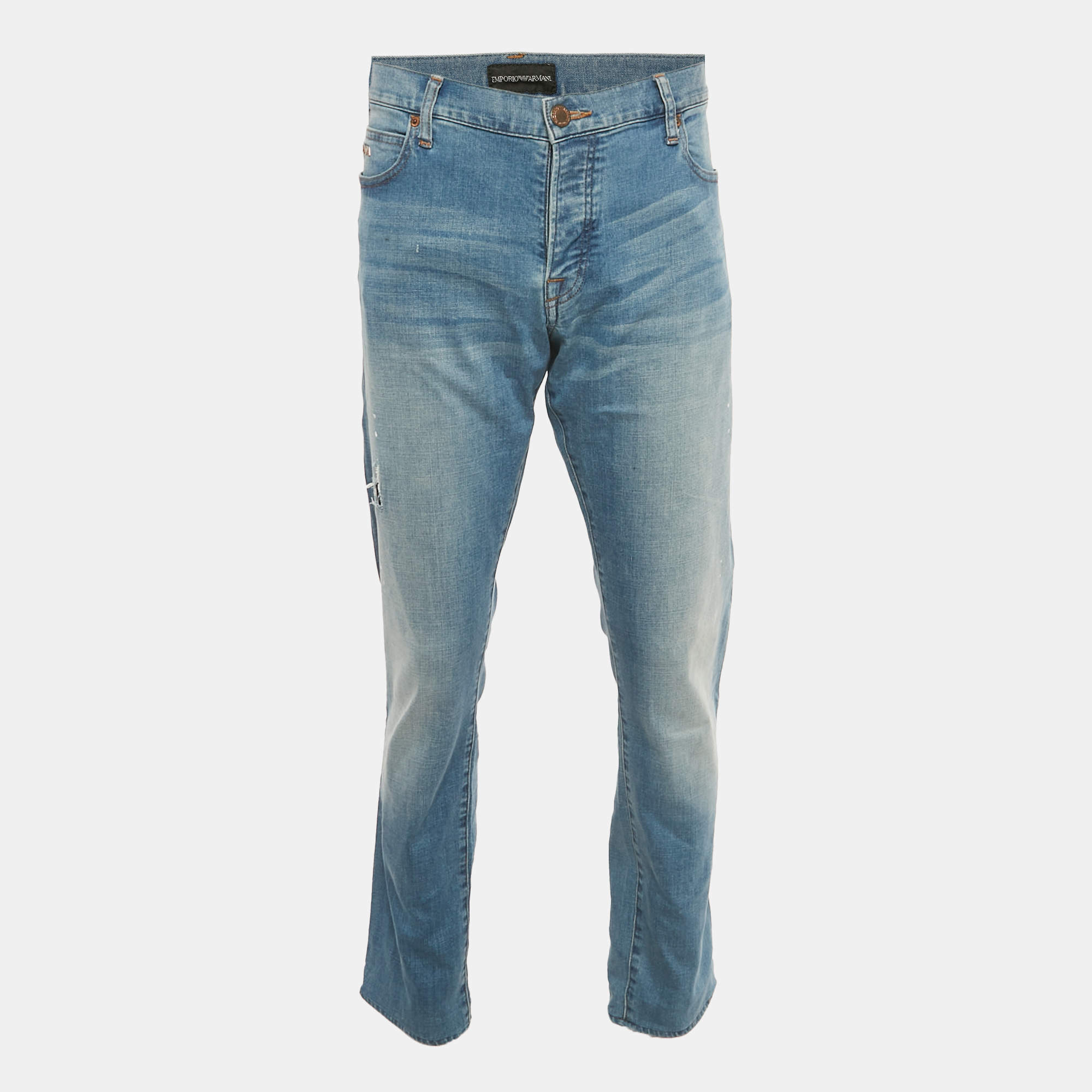 Pre Owned Emporio Armani Blue Paint Splattered Distressed Denim Regular Fit Jeans XXL Waist 40"