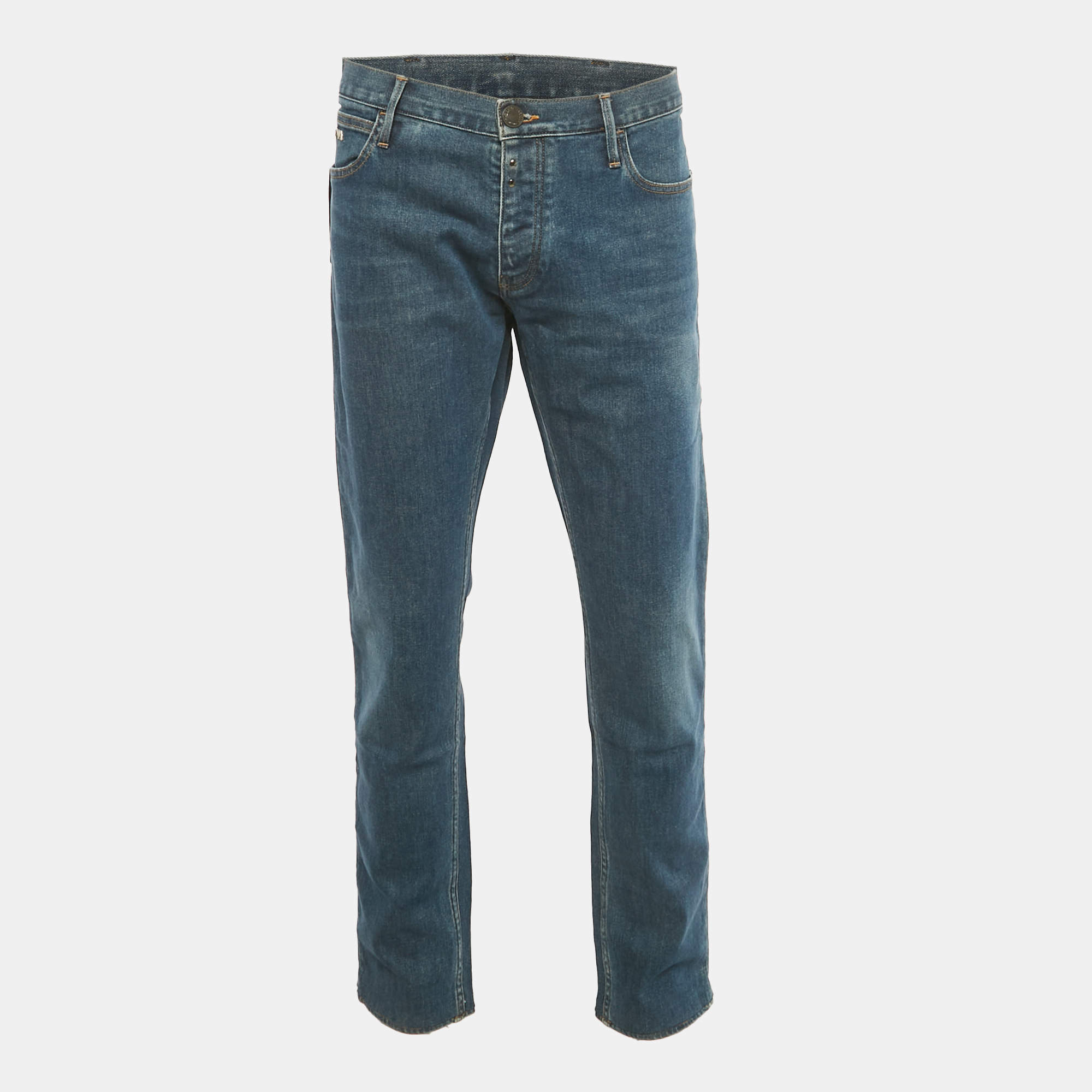 Pre Owned Emporio Armani Blue Washed Denim Tapered Fit Jeans XXL Waist 38"