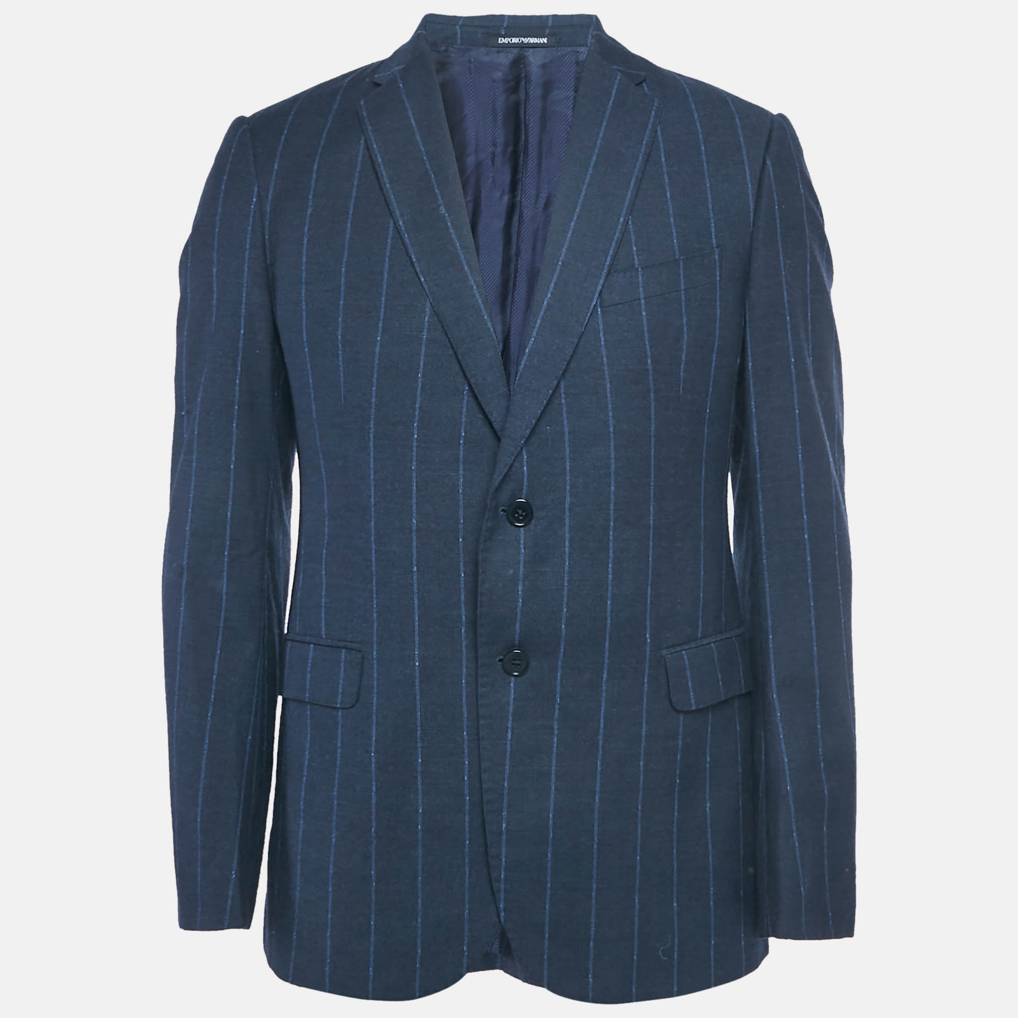 Pre Owned Emporio Armani Blue Textured Pinstripe Wool Blazer L