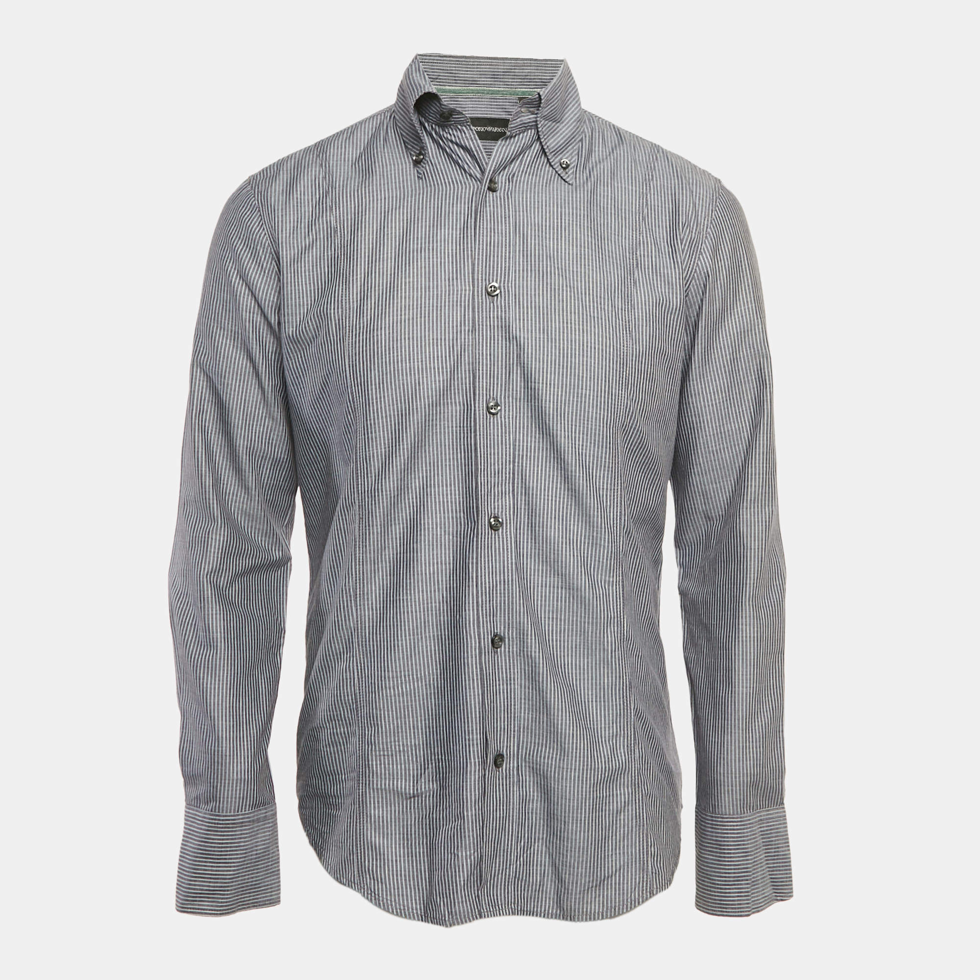 مملوكة مسبقًا Emporio Armani Dark Grey Striped Cotton Button Front Shirt S