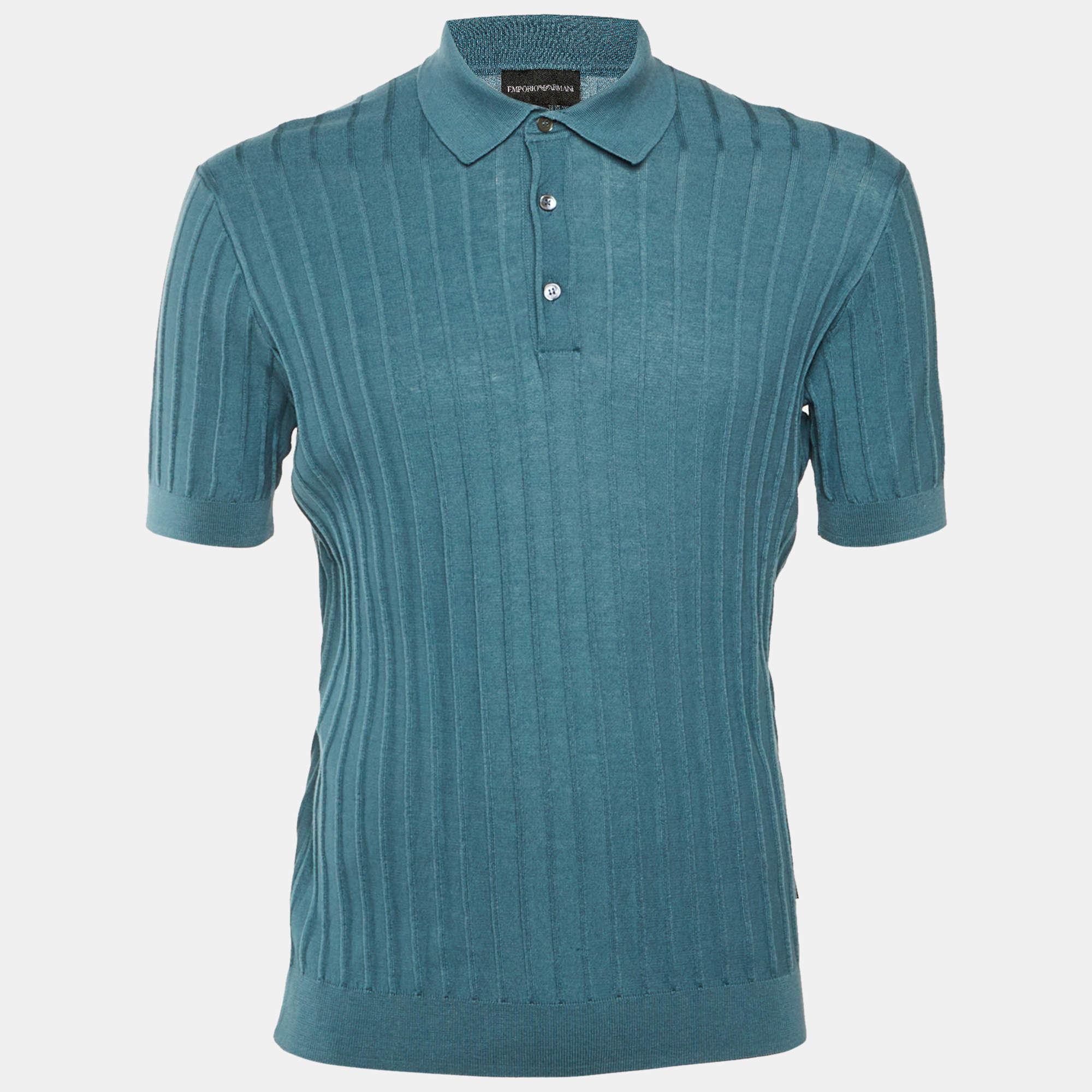Pre Owned Emporio Armani Slate Blue Ribbed Knit Polo T-Shirt L