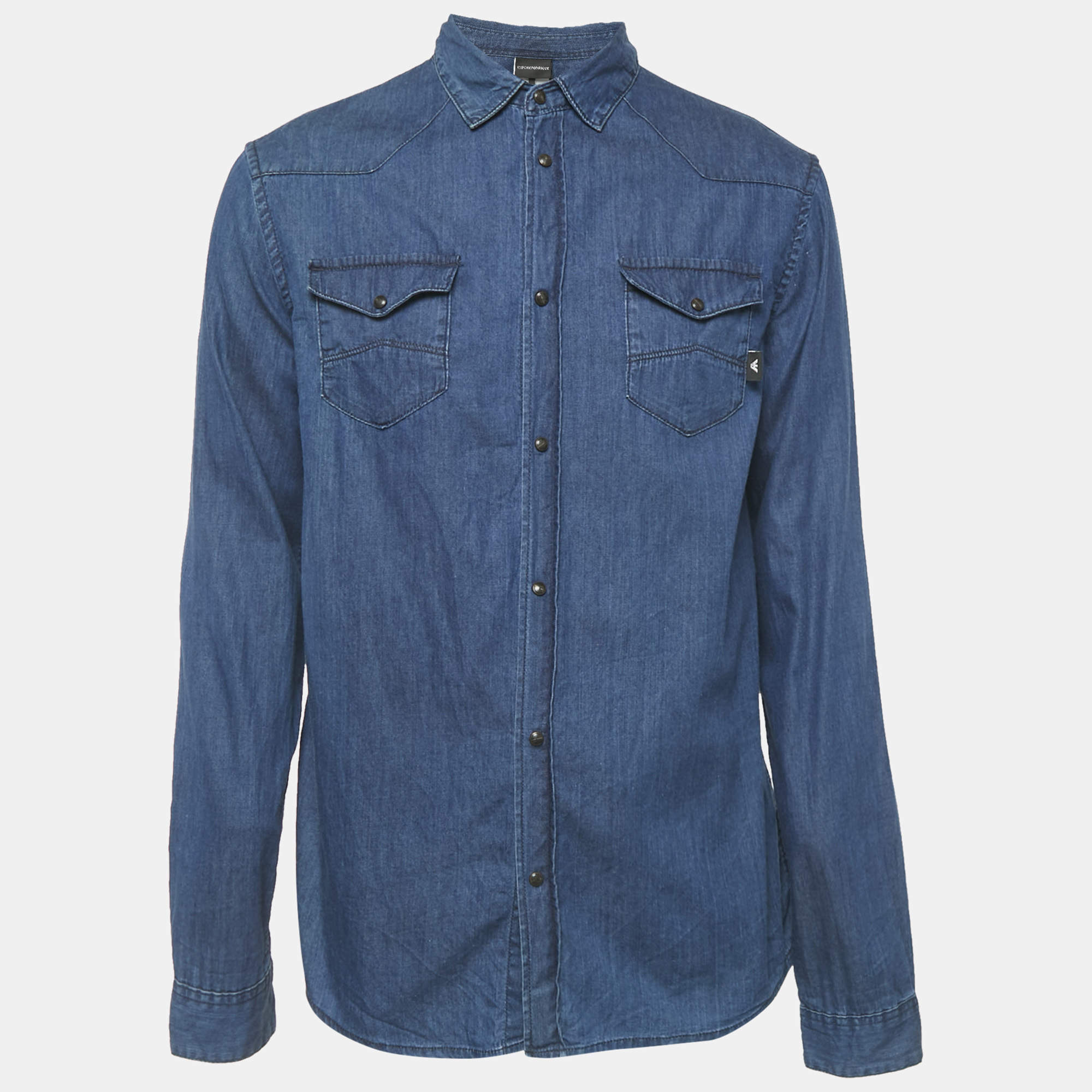 مملوكة مسبقًا Emporio Armani Blue Chambray Long Sleeve Shirt XL