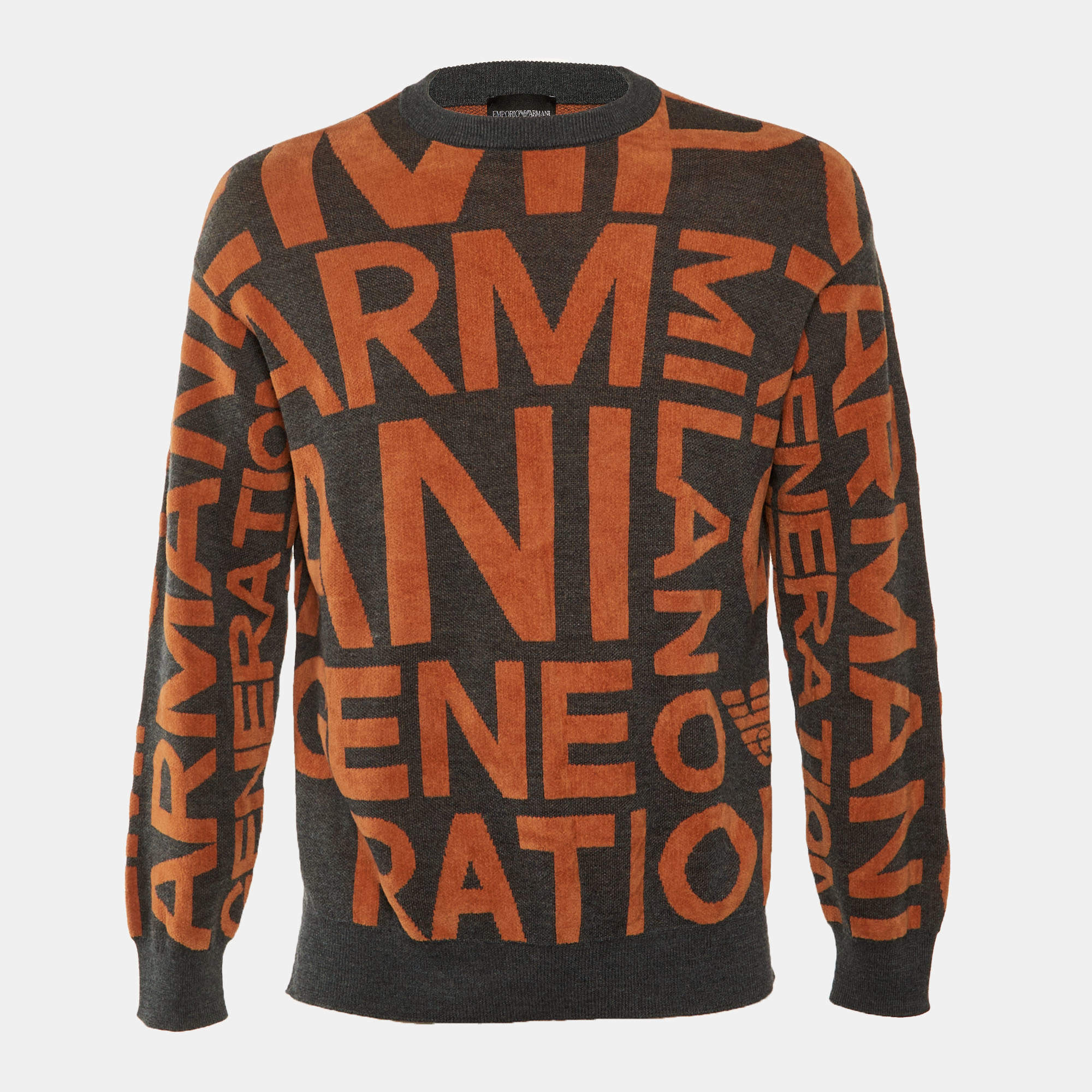 Pre Owned Emporio Armani Grey/Orange All Over Logo Knit Sweatshirt M