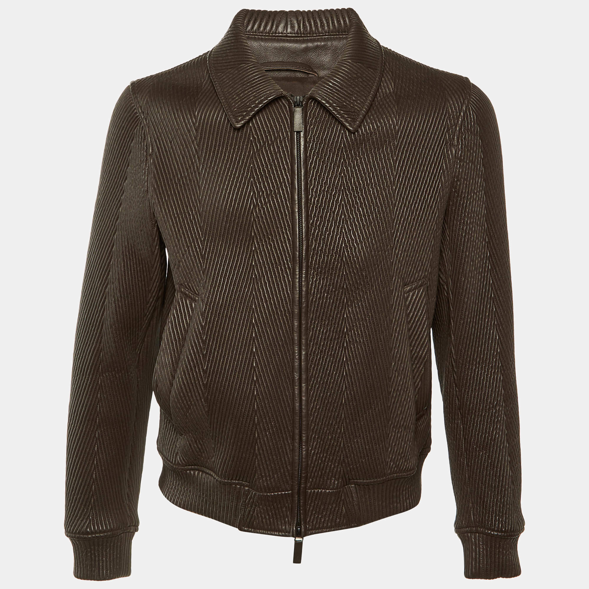 Pre Owned Emporio Armani Brown Quilted Leather Zip Front Jacket M