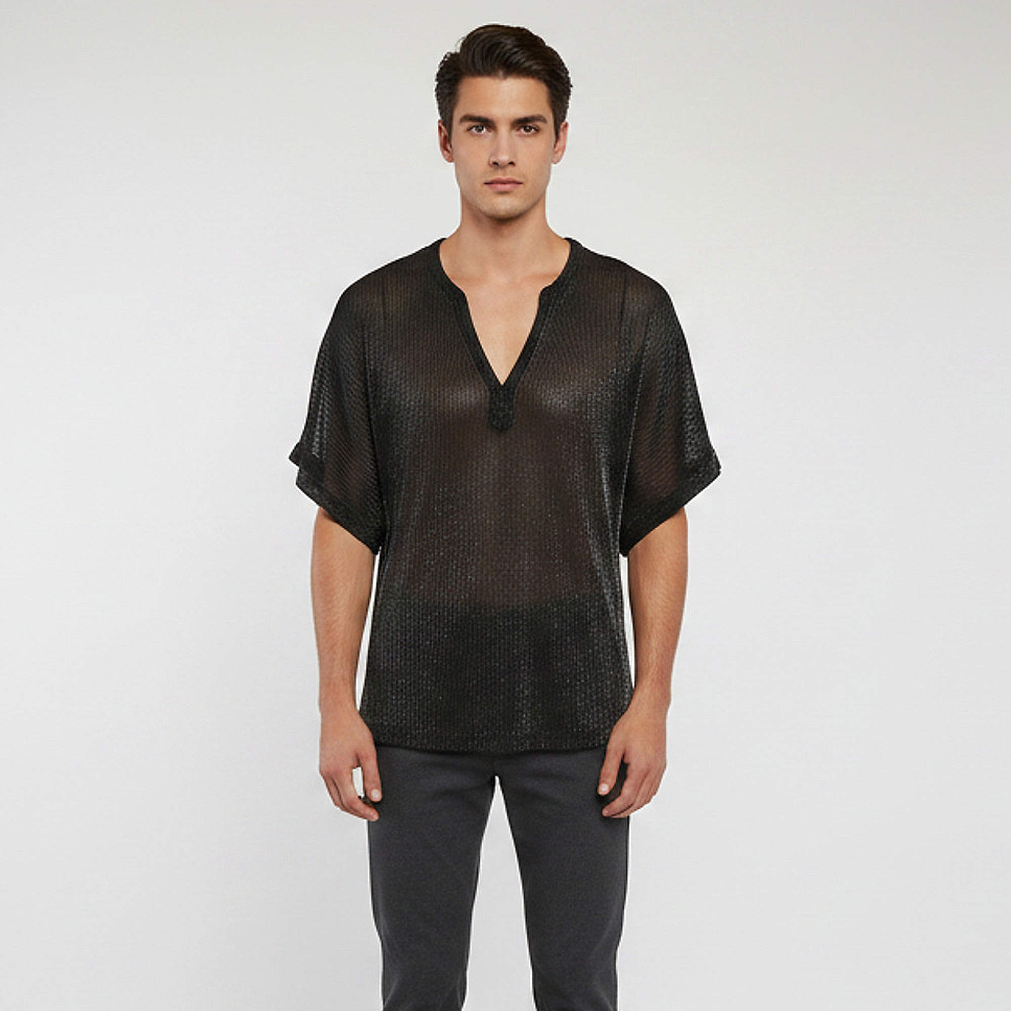 Pre Owned Emporio Armani Black Metallic Knit Sheer V-Neck Shirt M