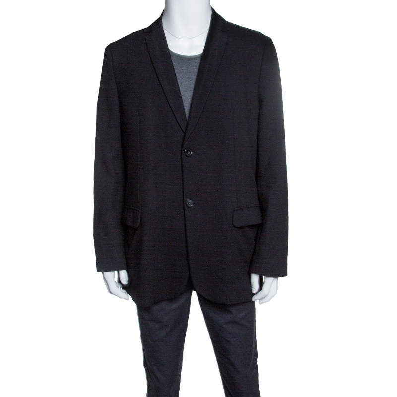 Pre Owned Emporio Armani Black Textured Wool Jacquard Two Button Blazer 4XL