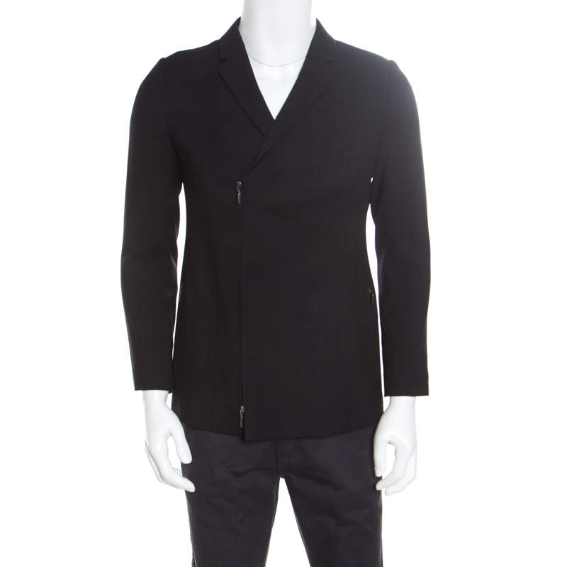 Pre Owned Emporio Armani Black Textured Knit Zip Front Double Breasted Blazer S