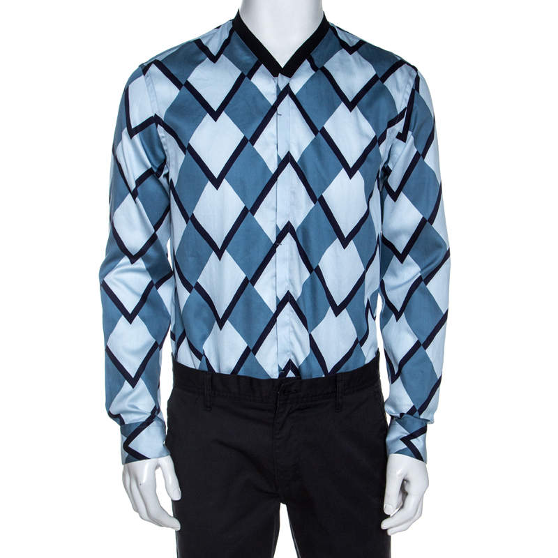 Pre Owned Emporio Armani Blue Geometric Printed Cotton Long Sleeve Shirt M