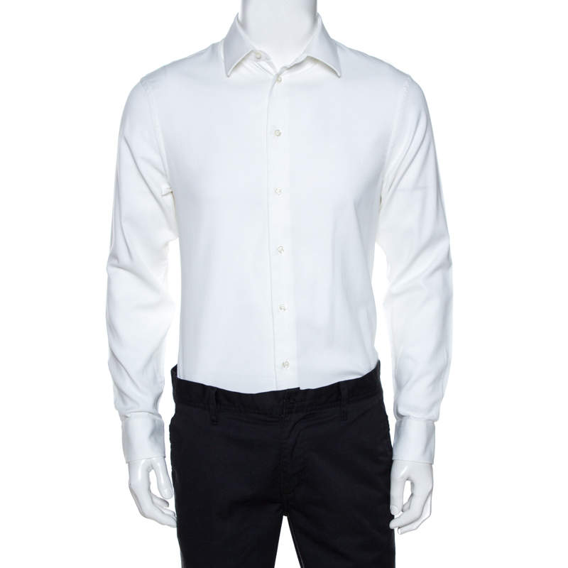 Pre Owned Emporio Armani White Textured Cotton Long Sleeve Shirt L