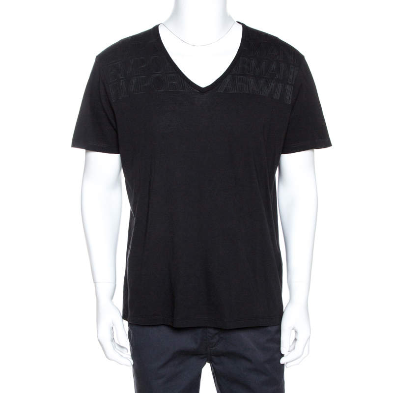 Pre Owned Emporio Armani Black Logo Print Cotton V Neck T-Shirt L