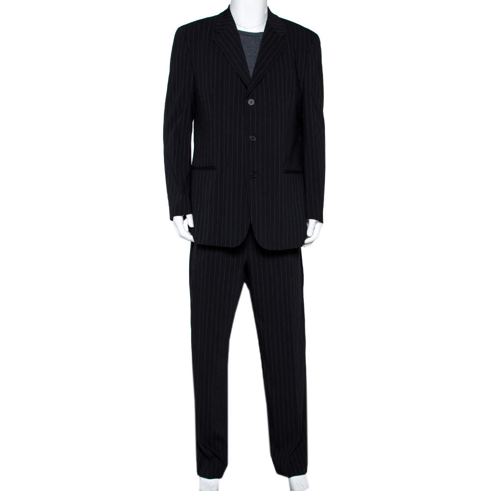 Pre Owned Emporio Armani Black Pin Striped Wool Blend Tailored Suit XXL